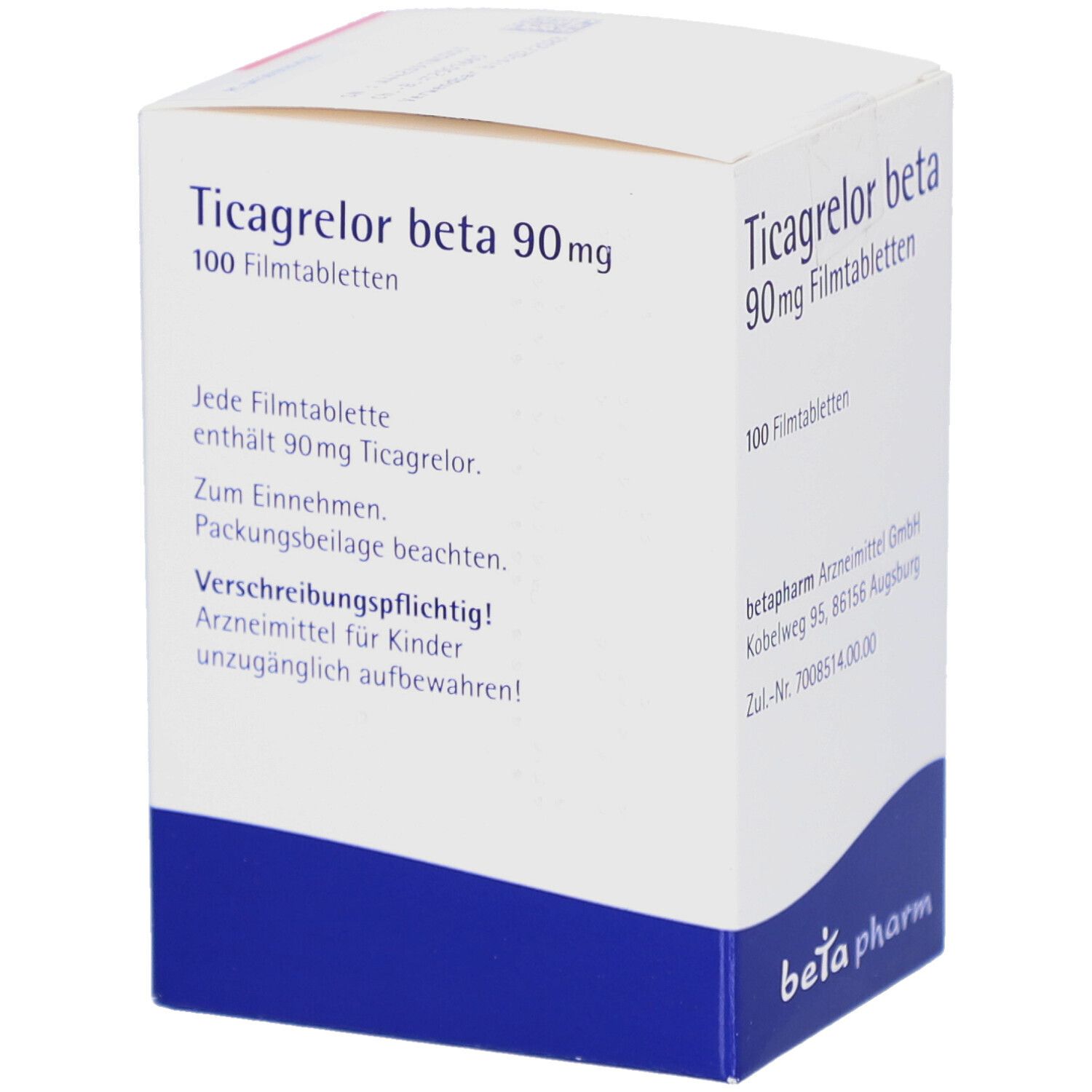 Weiß-blaue Faltschachtel mit Aufschrift Ticagrelor beta 90 mg Filmtabletten. Enthält 100 Filmtabletten. Text: Jede Filmtablette enthält 90 mg Ticagrelor.