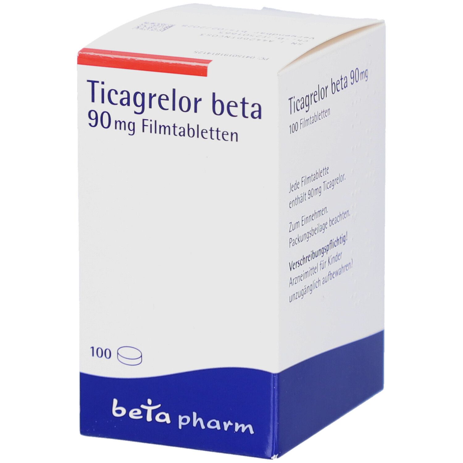 Weiß-blaue Faltschachtel mit Aufschrift Ticagrelor beta 90 mg Filmtabletten. Enthält 100 Filmtabletten. Logo betapharm. Eine Tablette ist abgebildet.