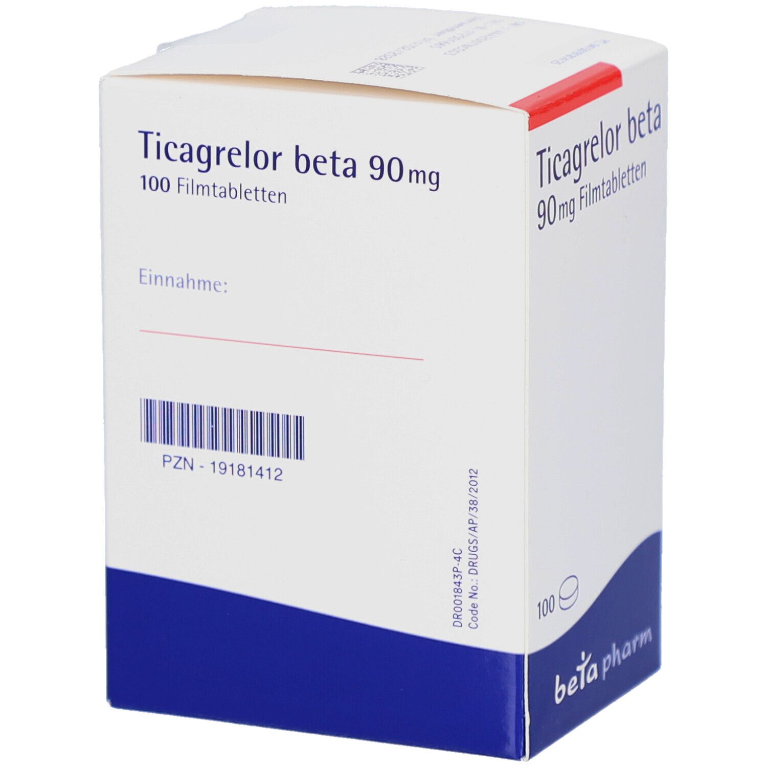 Weiß-blaue Faltschachtel mit Aufschrift Ticagrelor beta 90 mg Filmtabletten. Enthält 100 Filmtabletten. Barcode und PZN-Nummer. Logo betapharm.