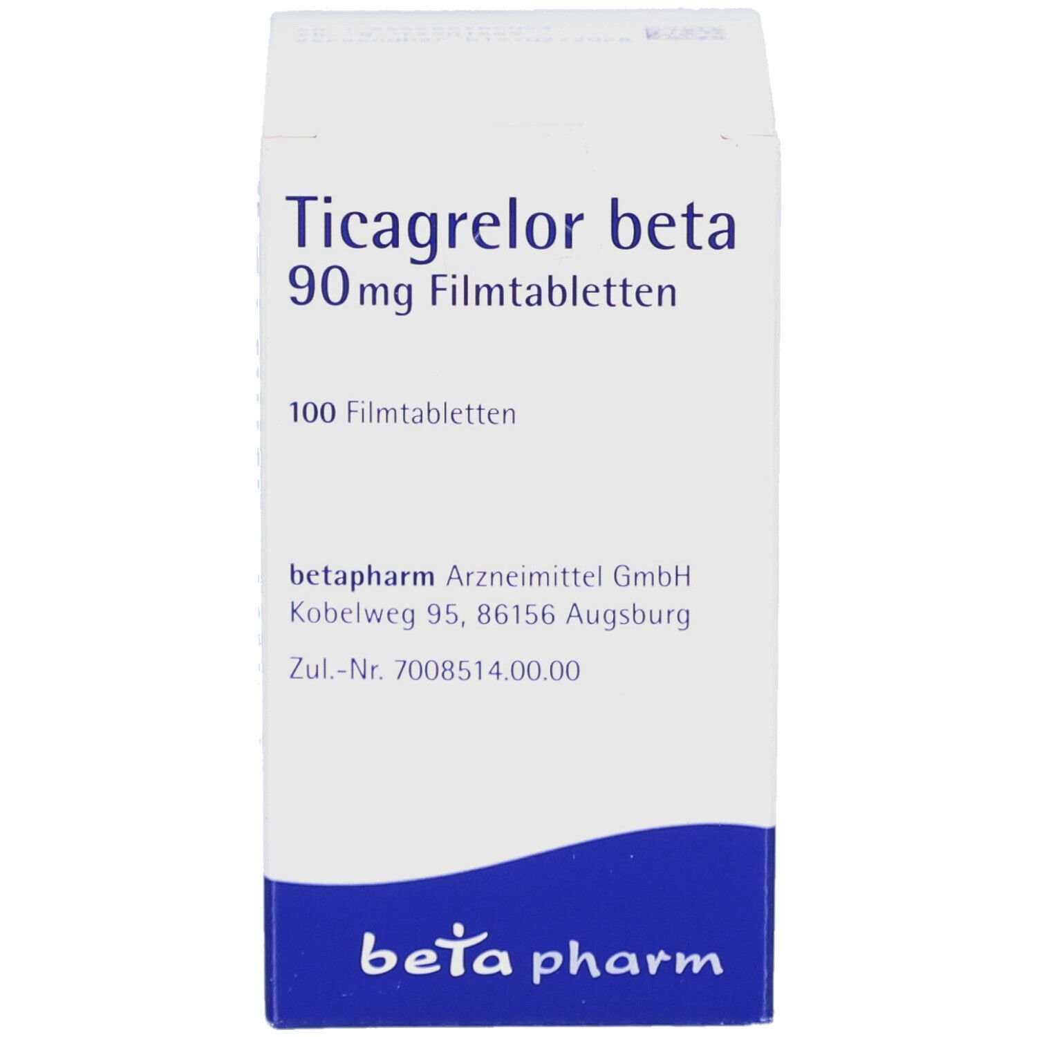 Weiß-blaue Faltschachtel mit Aufschrift Ticagrelor beta 90 mg Filmtabletten. Enthält 100 Filmtabletten. Logo betapharm. Adresse und Zulassungsnummer.