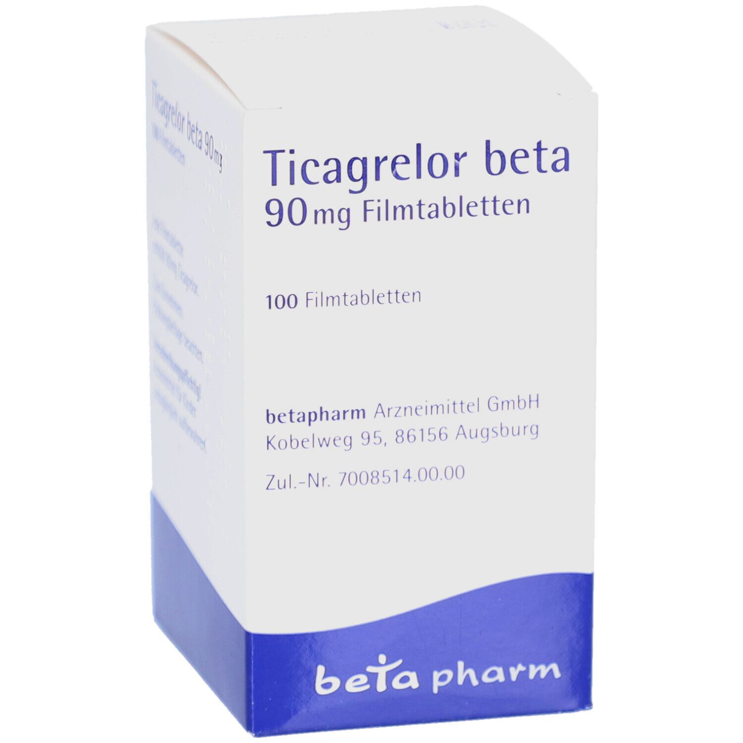 Weiß-blaue Faltschachtel mit Aufschrift Ticagrelor beta 90 mg Filmtabletten. Enthält 100 Filmtabletten. Logo betapharm.