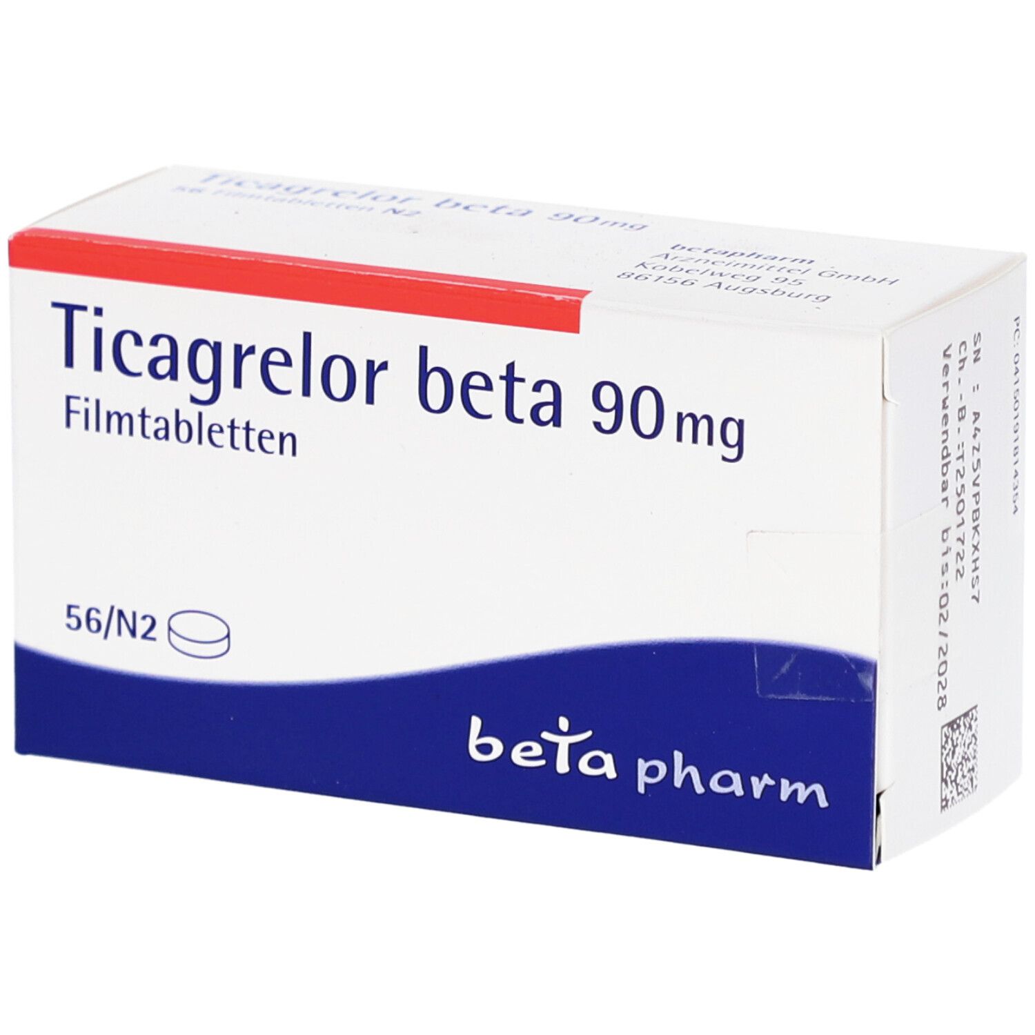 Schachtel mit Ticagrelor beta 90 mg Filmtabletten. 56 Tabletten. Weiß, rot und blaues Design. beta pharm Logo.
