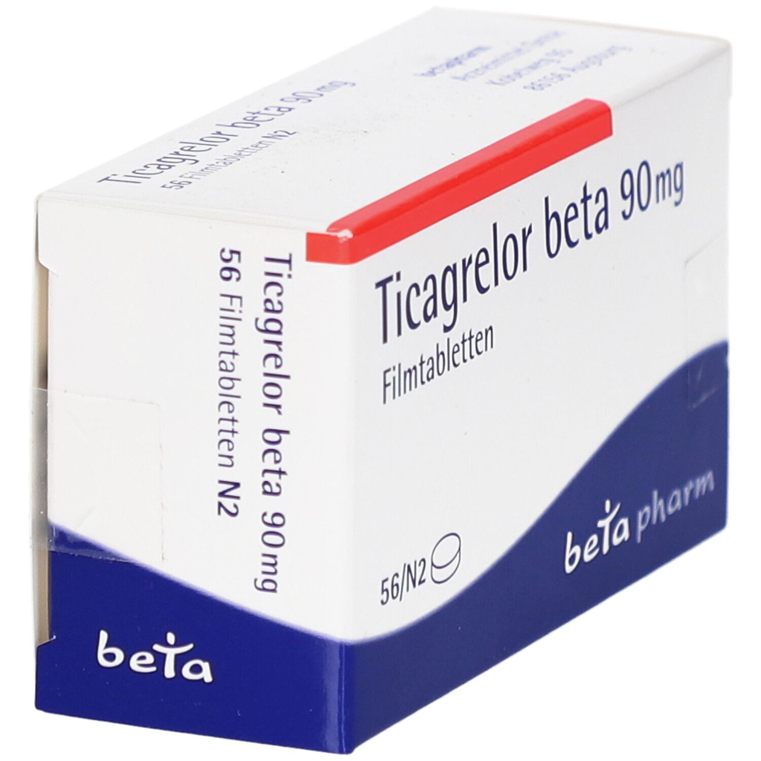 Schachtel mit Ticagrelor beta 90 mg Filmtabletten. 56 Tabletten. Weiß, rot und blaues Design. beta pharm Logo.