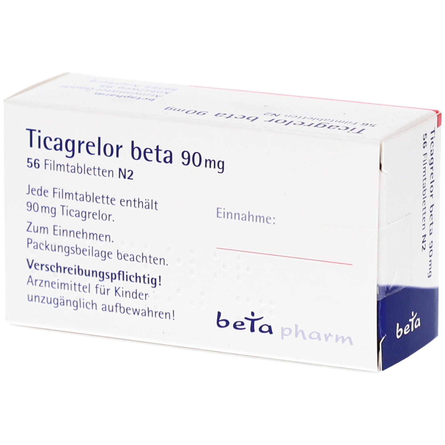 Schachtel mit Ticagrelor beta 90 mg Filmtabletten. 56 Tabletten. Textinformationen. beta pharm Logo.