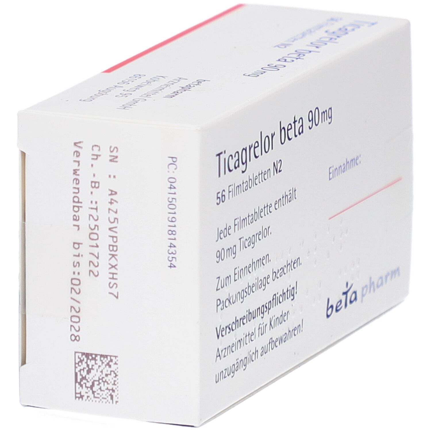 Schachtel mit Ticagrelor beta 90 mg Filmtabletten. 56 Tabletten. Textinformationen. beta pharm Logo.