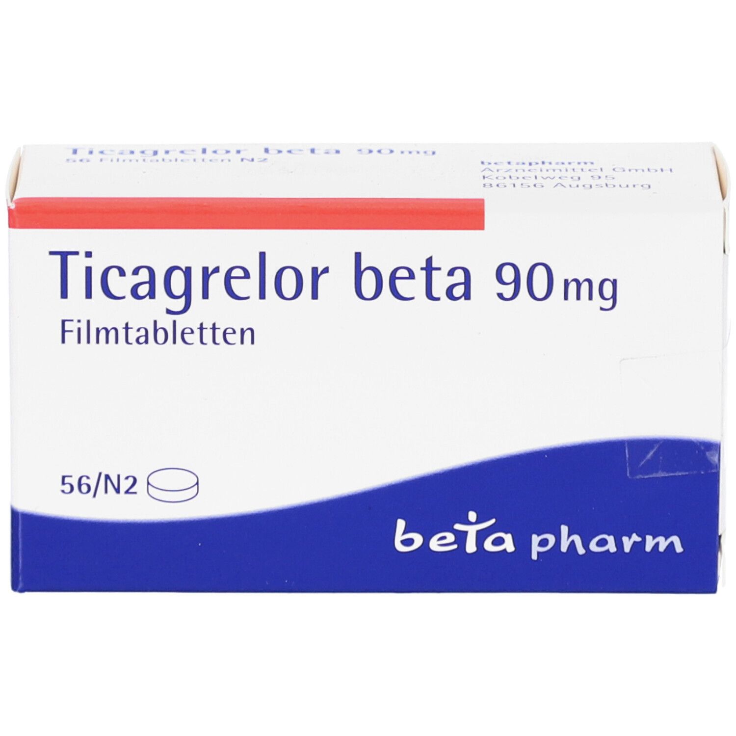 Schachtel mit Ticagrelor beta 90 mg Filmtabletten. 56 Tabletten. Weiß, rot und blaues Design. beta pharm Logo.