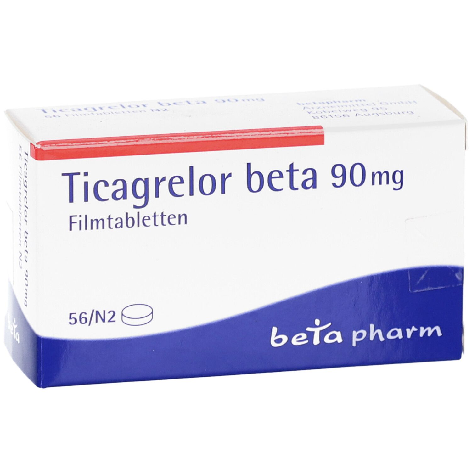 Schachtel mit Ticagrelor beta 90 mg Filmtabletten. 56 Tabletten. Weiß, rot und blaues Design. beta pharm Logo.
