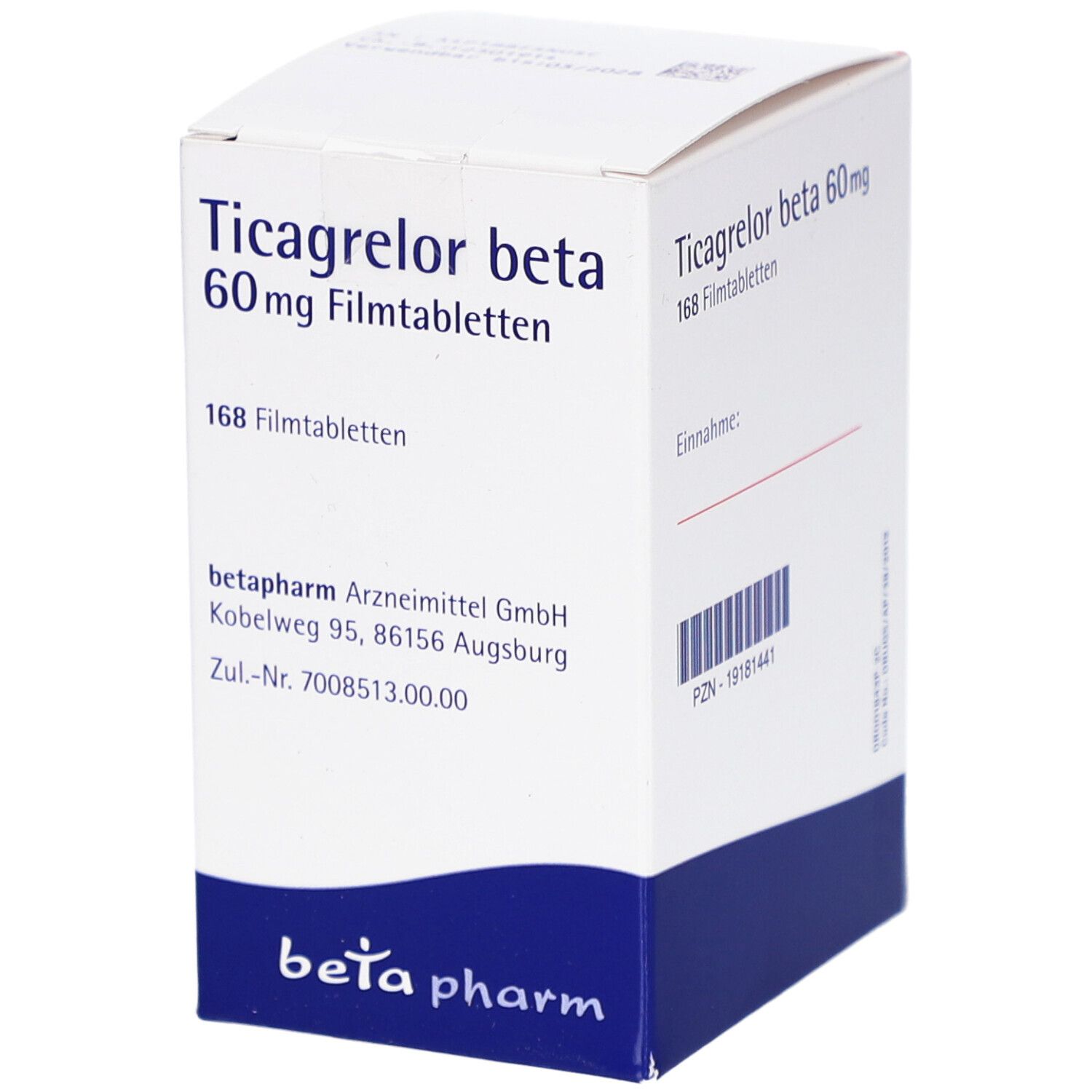 Schachtel mit Ticagrelor beta 60 mg Filmtabletten. Aufschrift: 168 Filmtabletten. Marke: beta pharm.