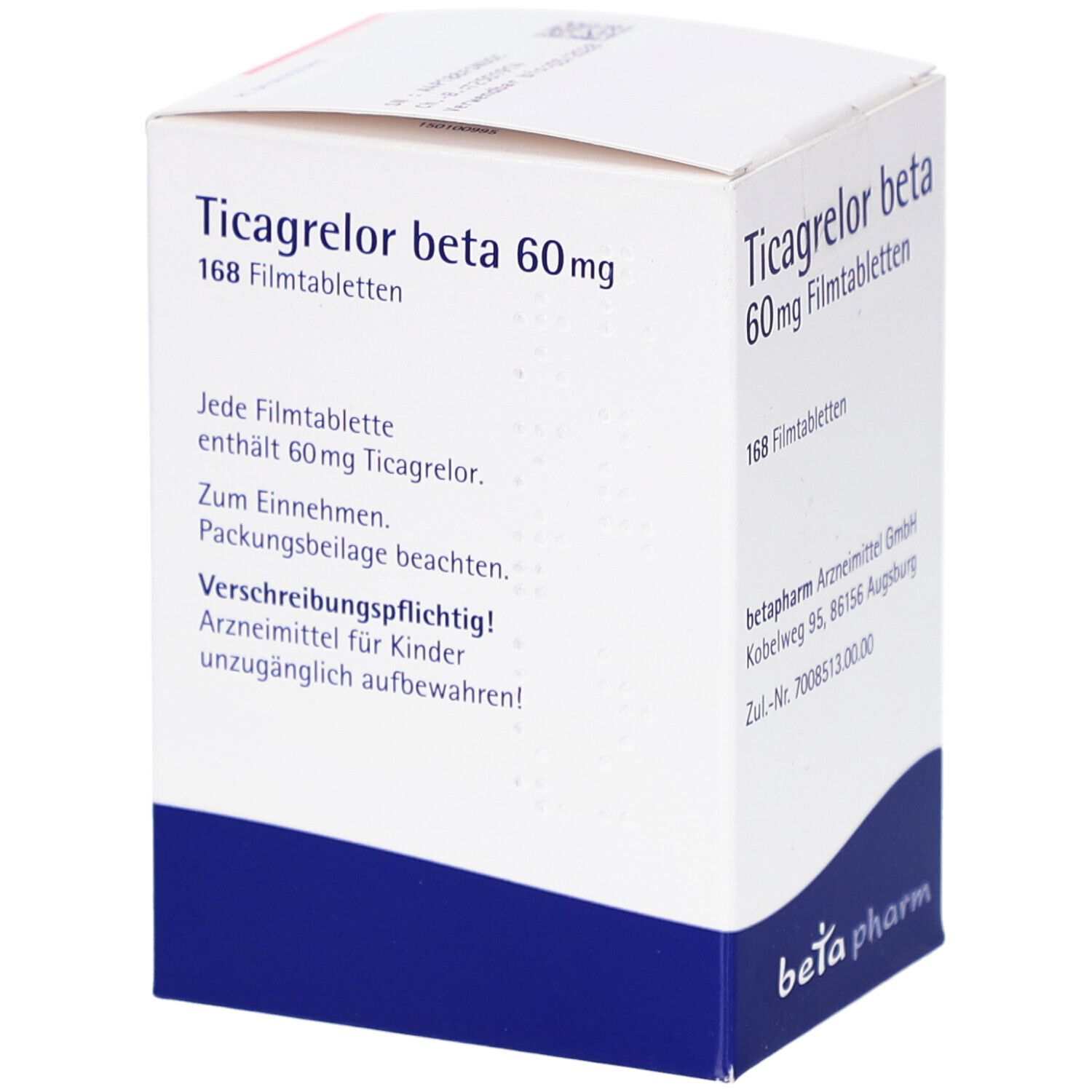 Schachtel mit Ticagrelor beta 60 mg Filmtabletten. Text: 168 Filmtabletten. Marke: beta pharm. Blaue und weiße Verpackung.