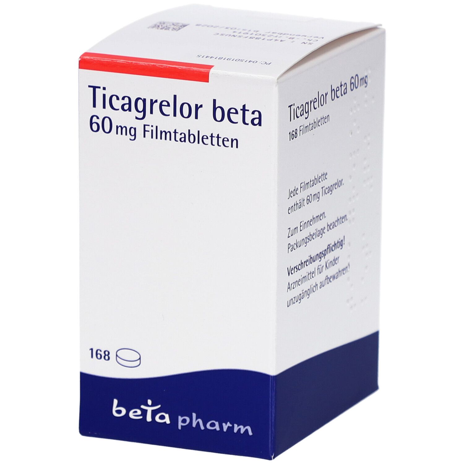 Schachtel mit Ticagrelor beta 60 mg Filmtabletten. Aufschrift: 168 Tabletten. Marke: beta pharm. Blaue und weiße Verpackung.