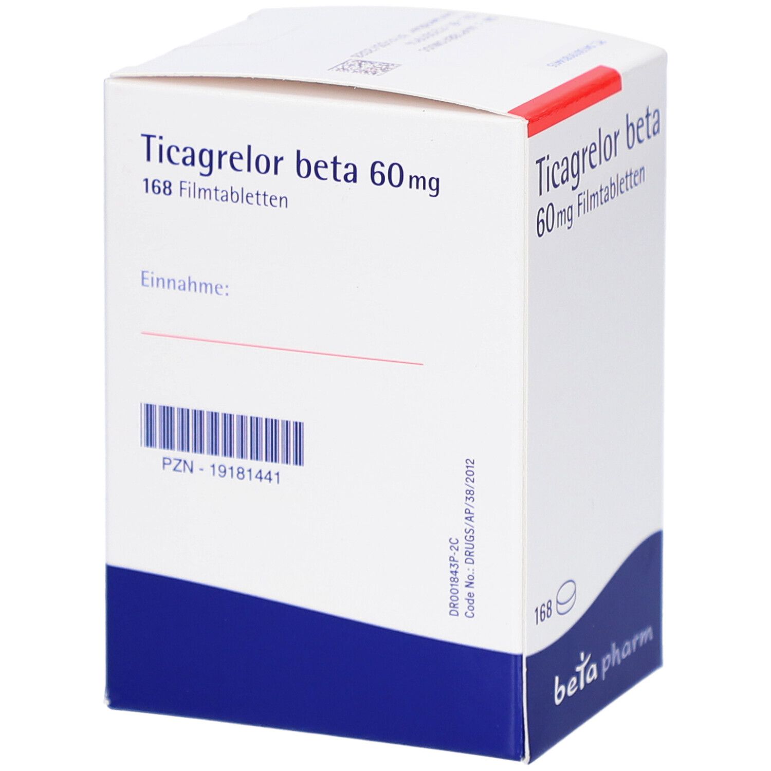 Schachtel mit Ticagrelor beta 60 mg Filmtabletten. Aufschrift: 168 Tabletten. Marke: beta pharm. Mit Barcode.