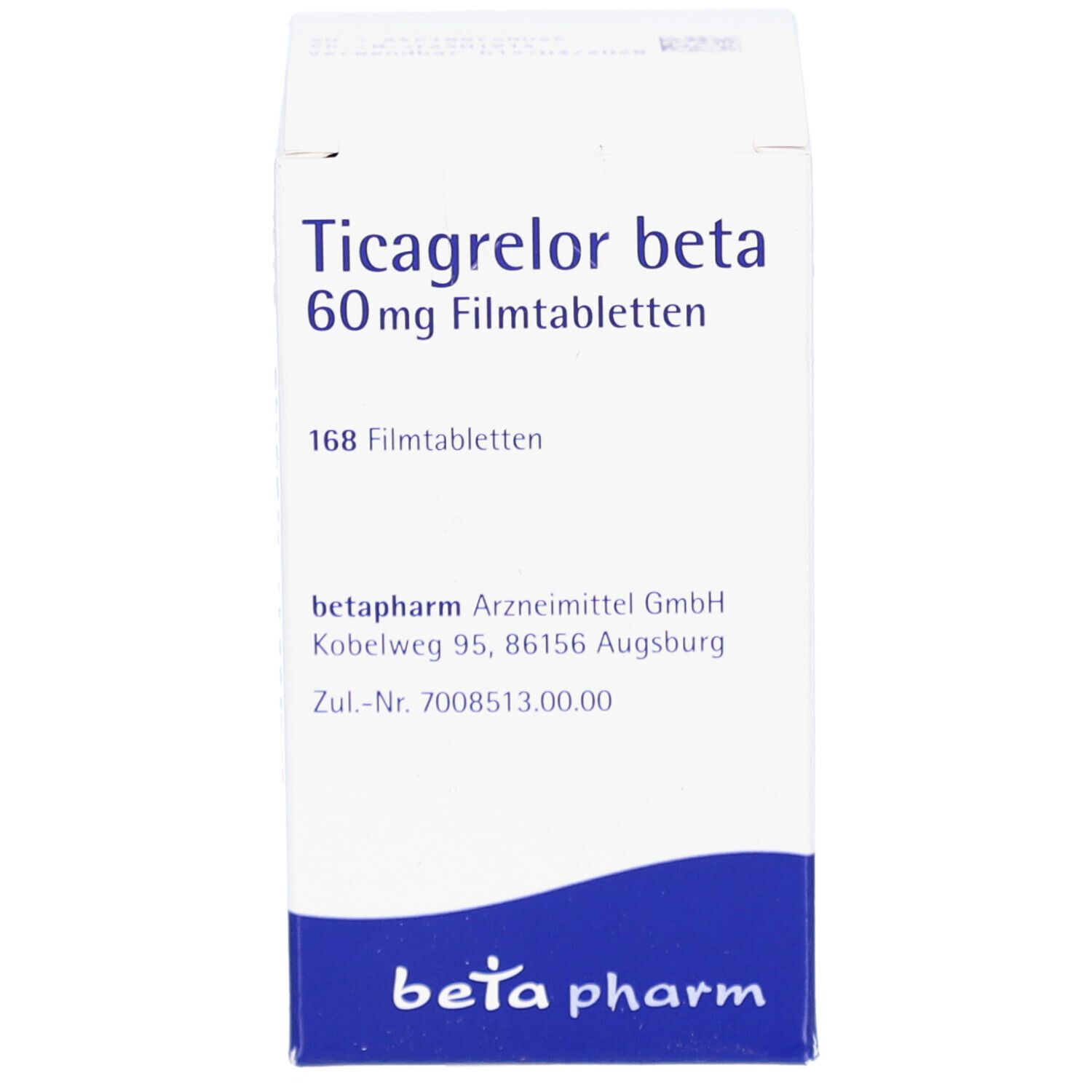 Schachtel mit Ticagrelor beta 60 mg Filmtabletten. Aufschrift: 168 Tabletten. Marke: beta pharm. Blaue und weiße Verpackung.