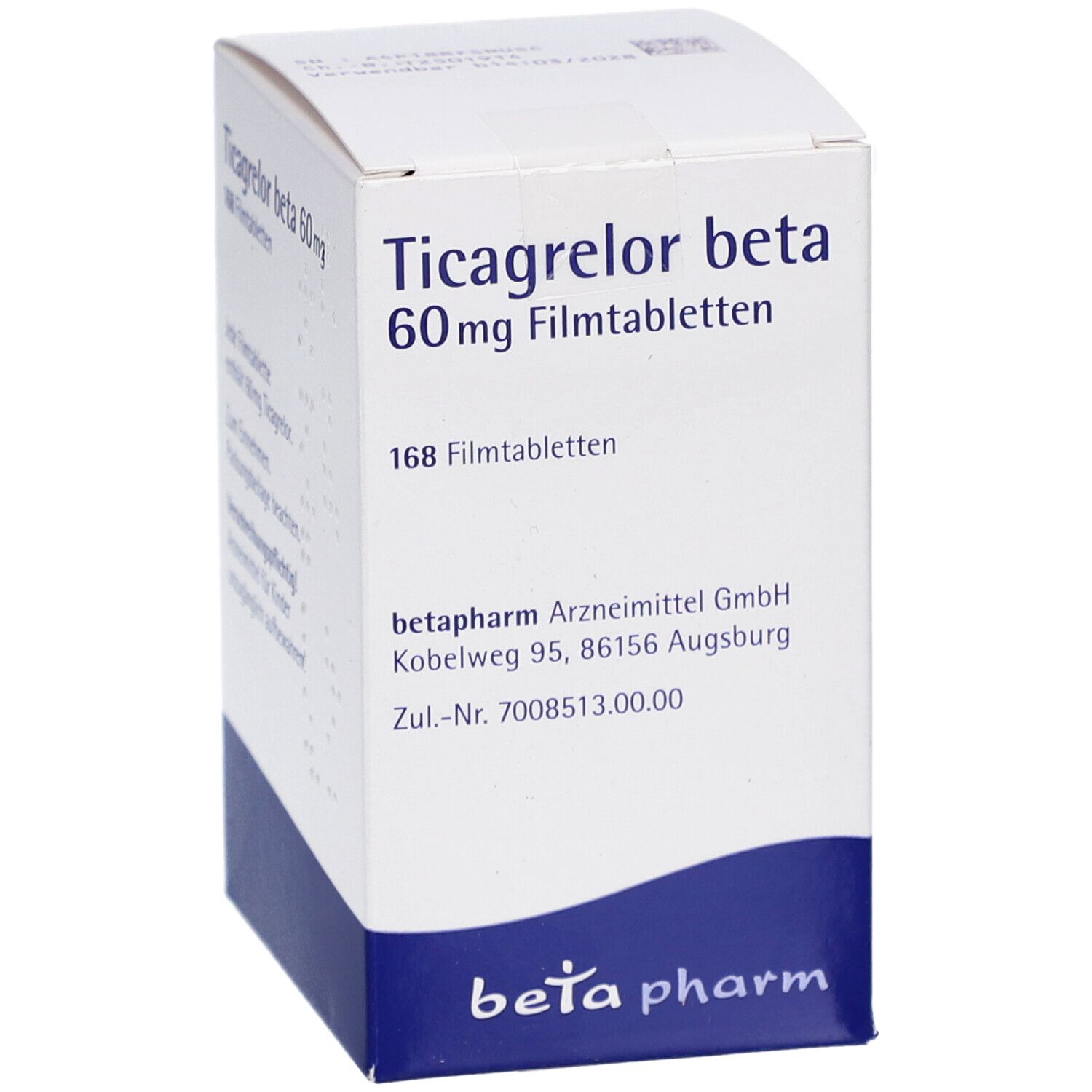 Schachtel mit Ticagrelor beta 60 mg Filmtabletten. Aufschrift: 168 Tabletten. Marke: beta pharm. Blaue und weiße Verpackung.