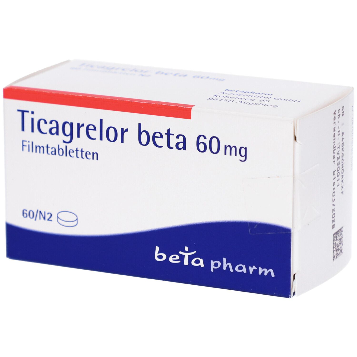 Schachtel mit Ticagrelor beta 60 mg Filmtabletten. Aufschrift: 60/N2. Logo beta pharm.