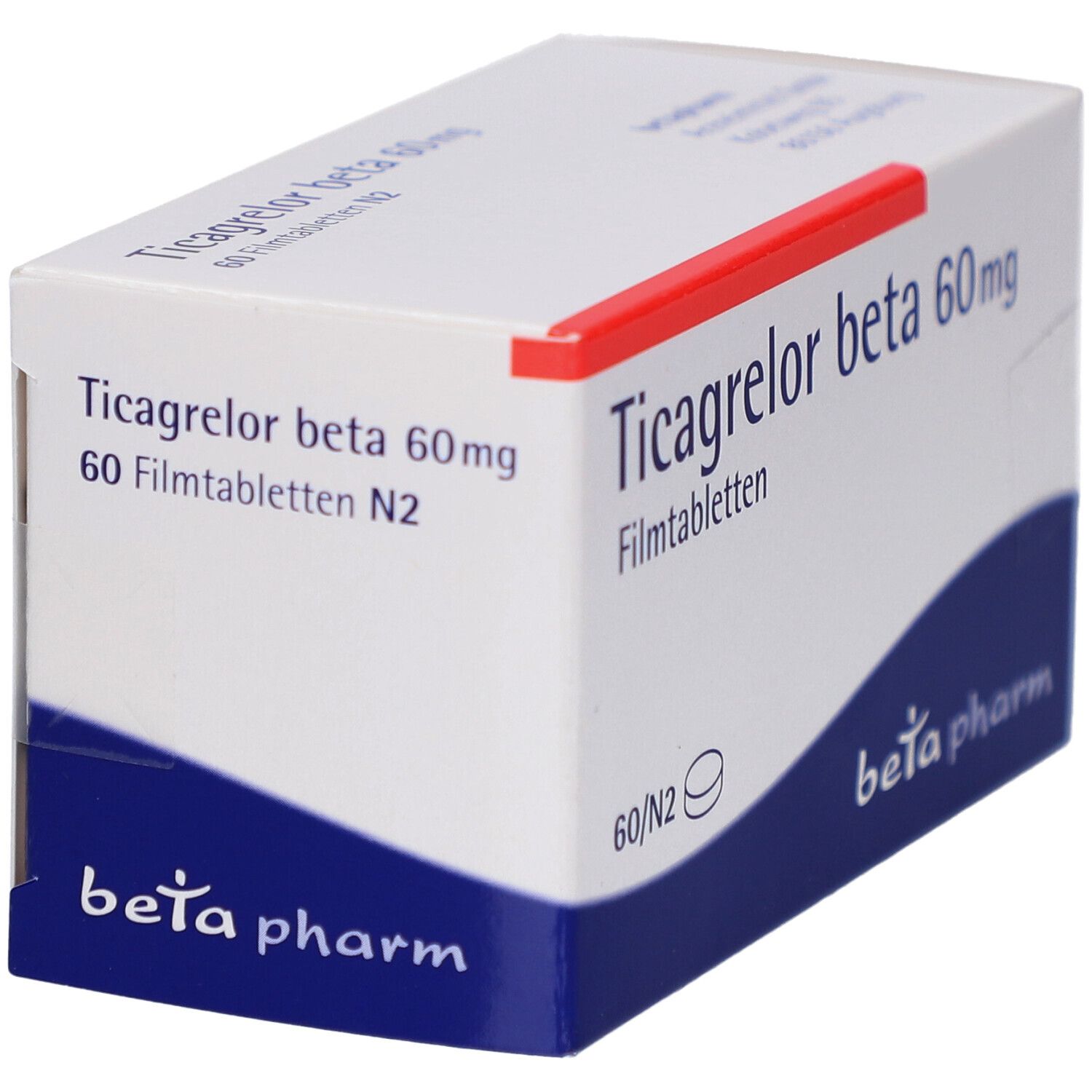 Schachtel mit Ticagrelor beta 60 mg Filmtabletten. Aufschrift: 60 Filmtabletten N2. Logo beta pharm.