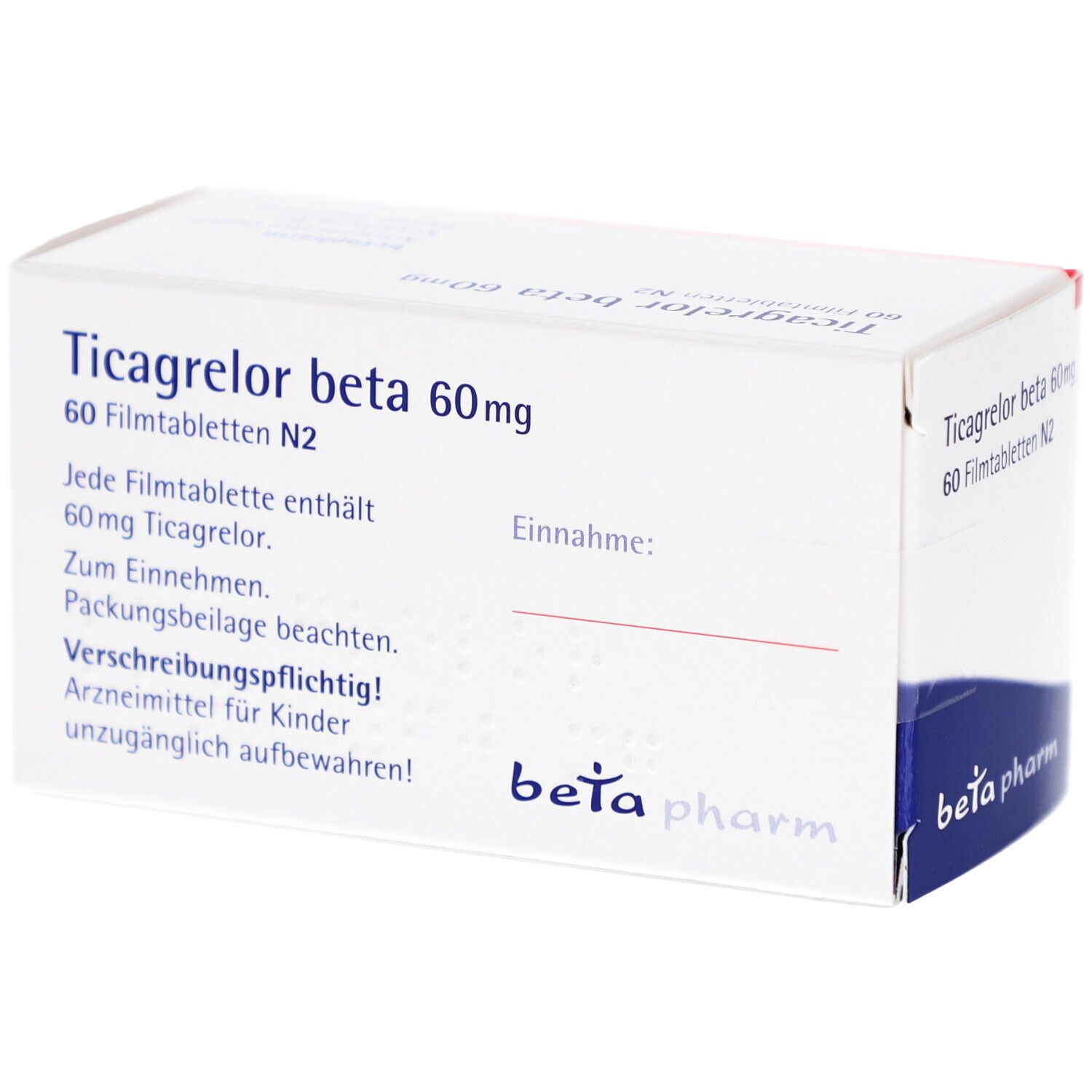 Schachtel mit Ticagrelor beta 60 mg Filmtabletten. Aufschrift: 60 Filmtabletten N2. Logo beta pharm.