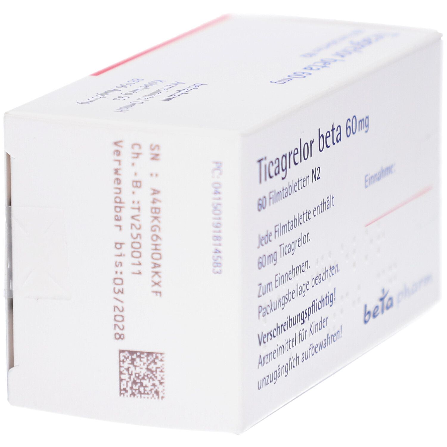 Schachtel mit Ticagrelor beta 60 mg Filmtabletten. Aufschrift: 60 Filmtabletten N2. Logo beta pharm.