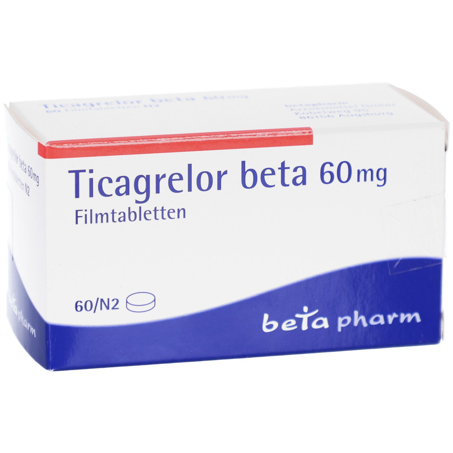 Schachtel mit Ticagrelor beta 60 mg Filmtabletten. Aufschrift: 60/N2. Logo beta pharm.