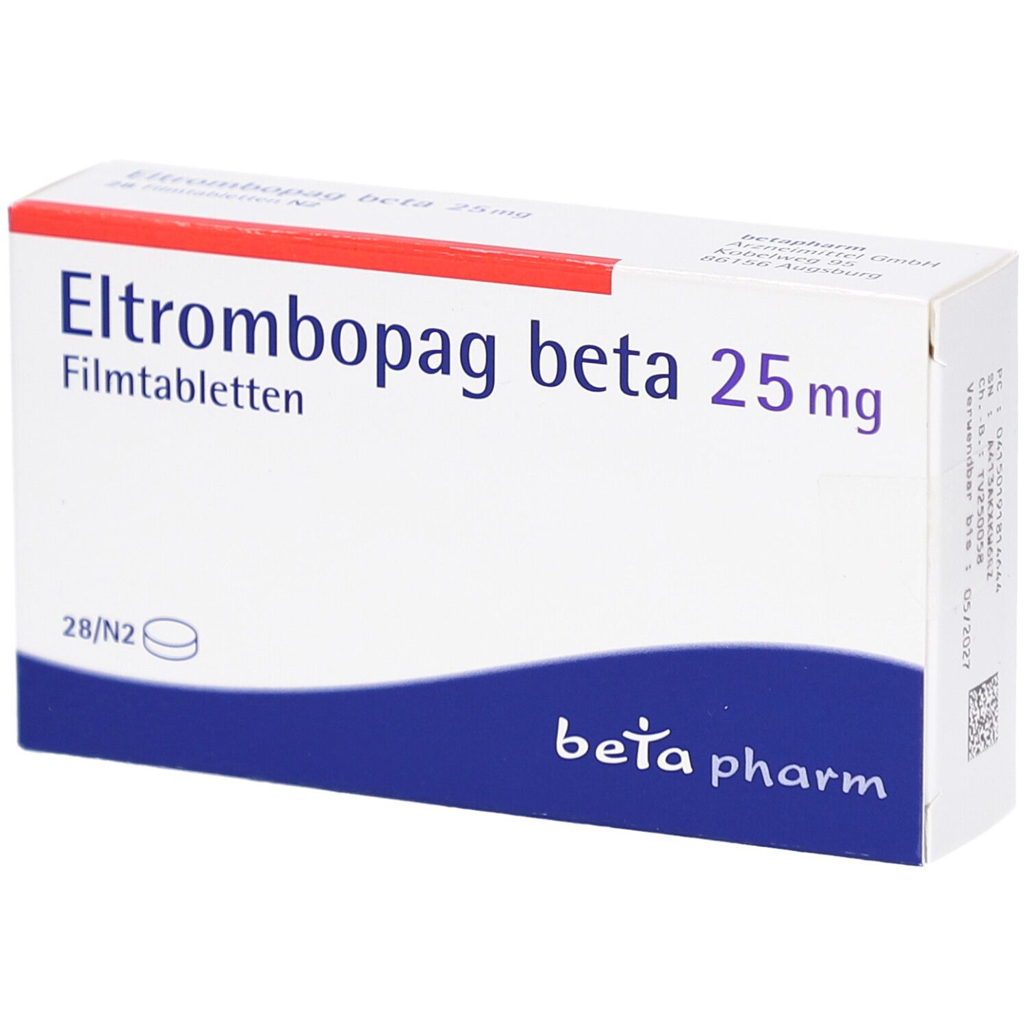 Schachtel mit "Eltrombopag beta 25 mg Filmtabletten". Weiß, rot und blau. "beta pharm" Logo.