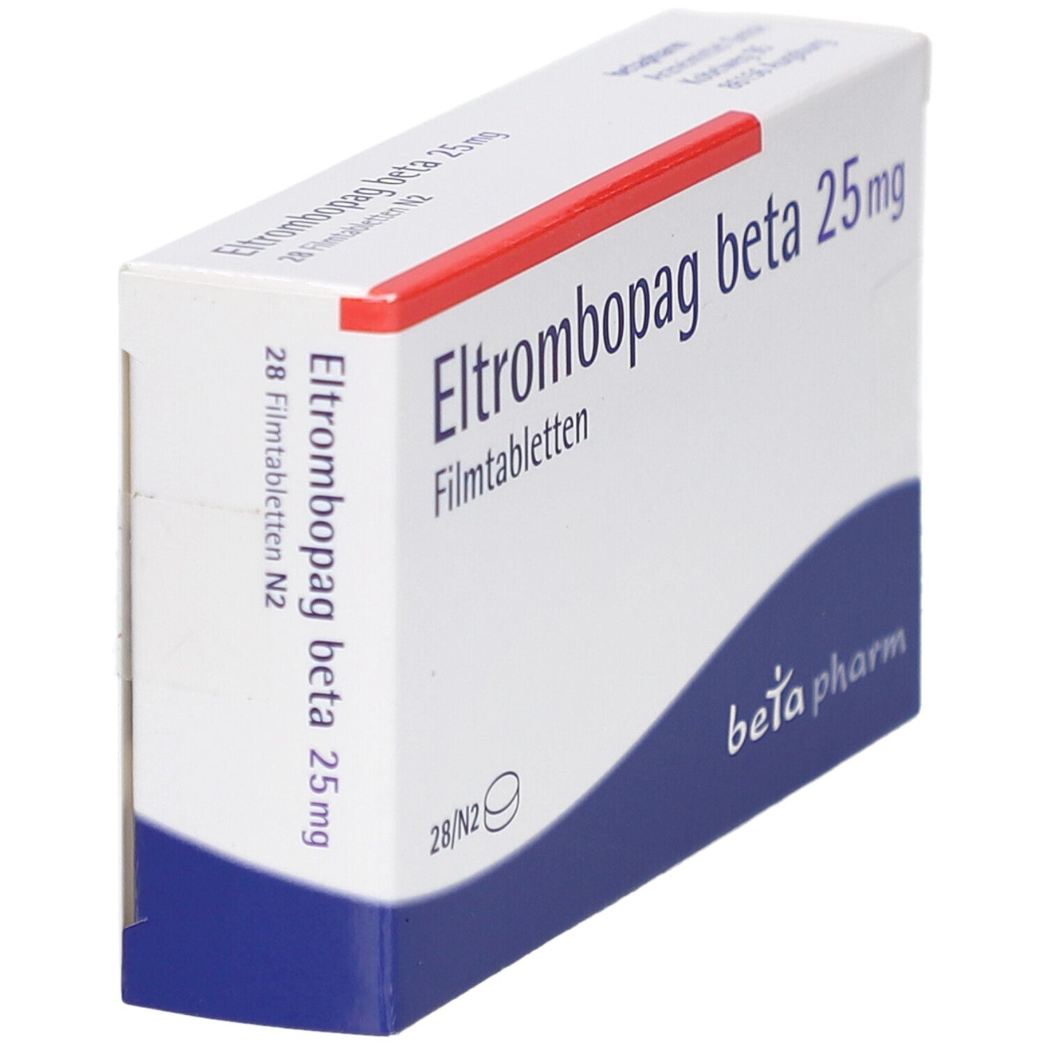 Schachtel "Eltrombopag beta 25 mg Filmtabletten". Weiß, rot und blau. "beta pharm" Logo. Seitenansicht.
