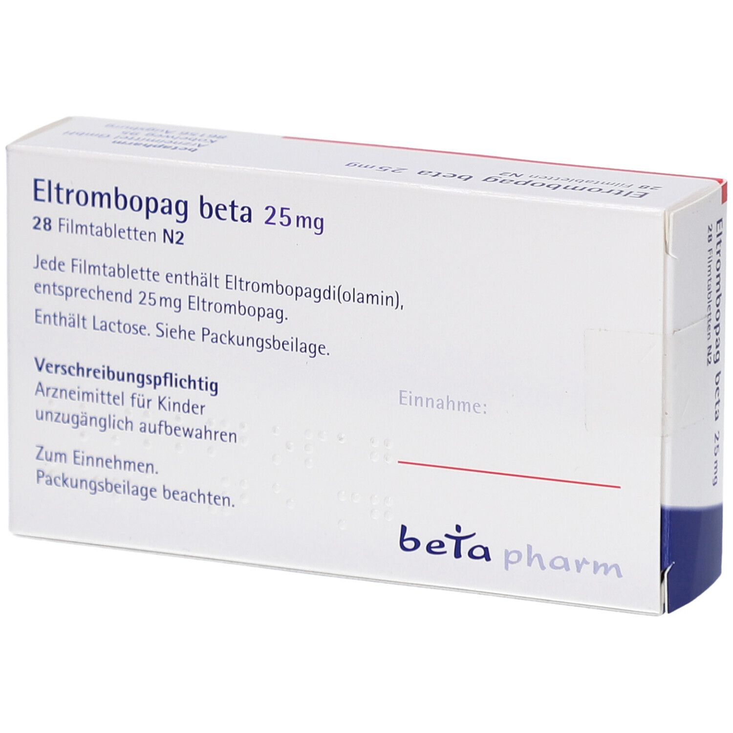 Schachtel "Eltrombopag beta 25 mg Filmtabletten". Weiß, blau. Text: "beta pharm". Rückseite mit Text.