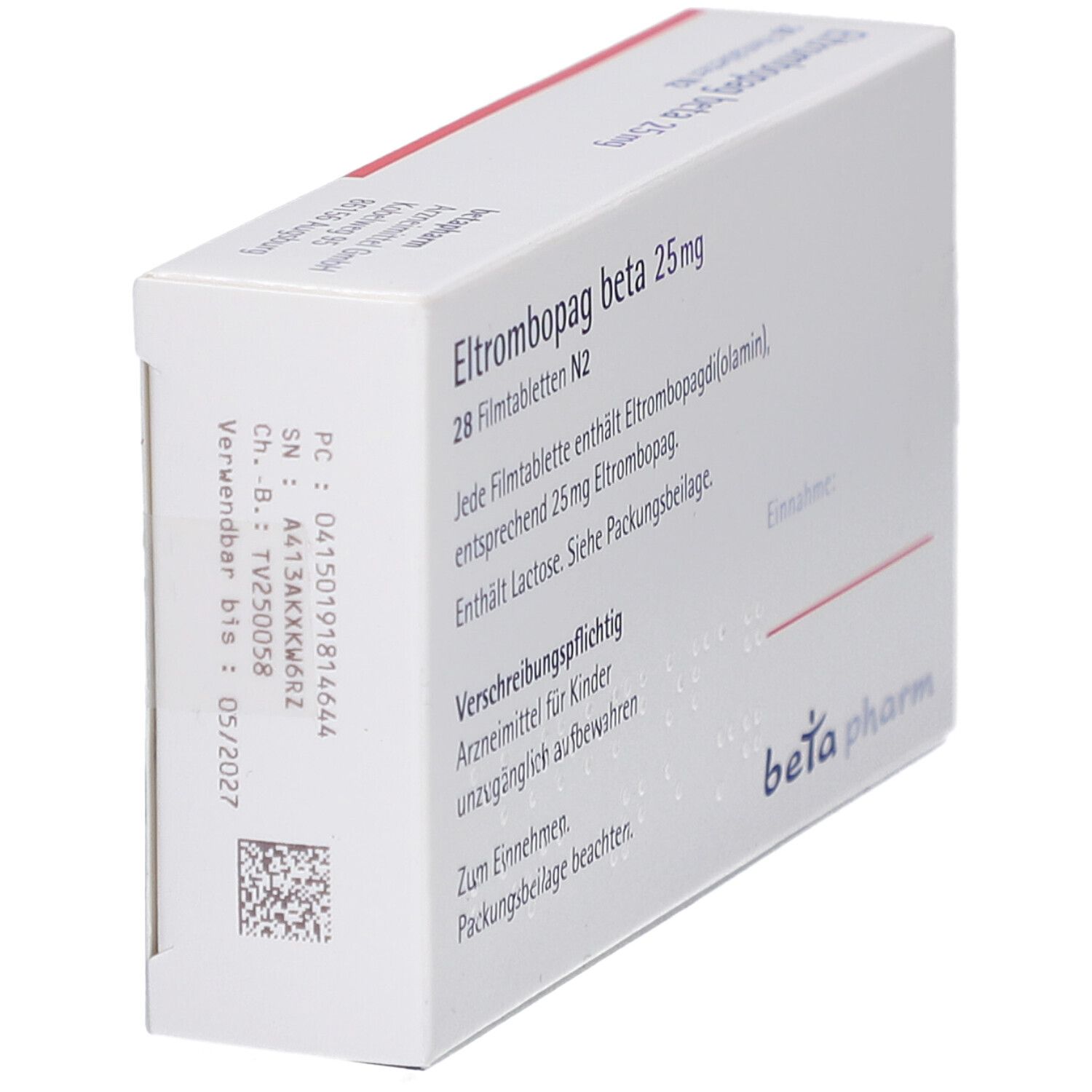 Schachtel "Eltrombopag beta 25 mg Filmtabletten". Weiß, blau. "beta pharm" Logo. Rückseite mit Text und Code.