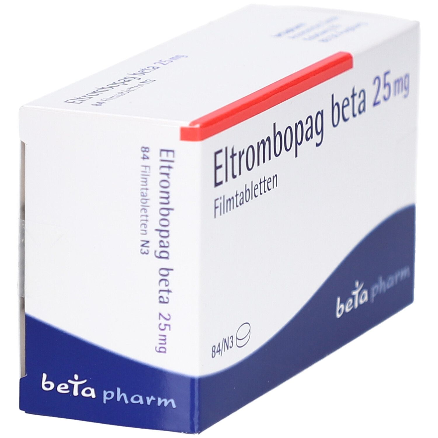 Schachtel "Eltrombopag beta 25 mg Filmtabletten". Blaue und weiße Verpackung. "beta pharm" Logo. Roter Streifen oben.
