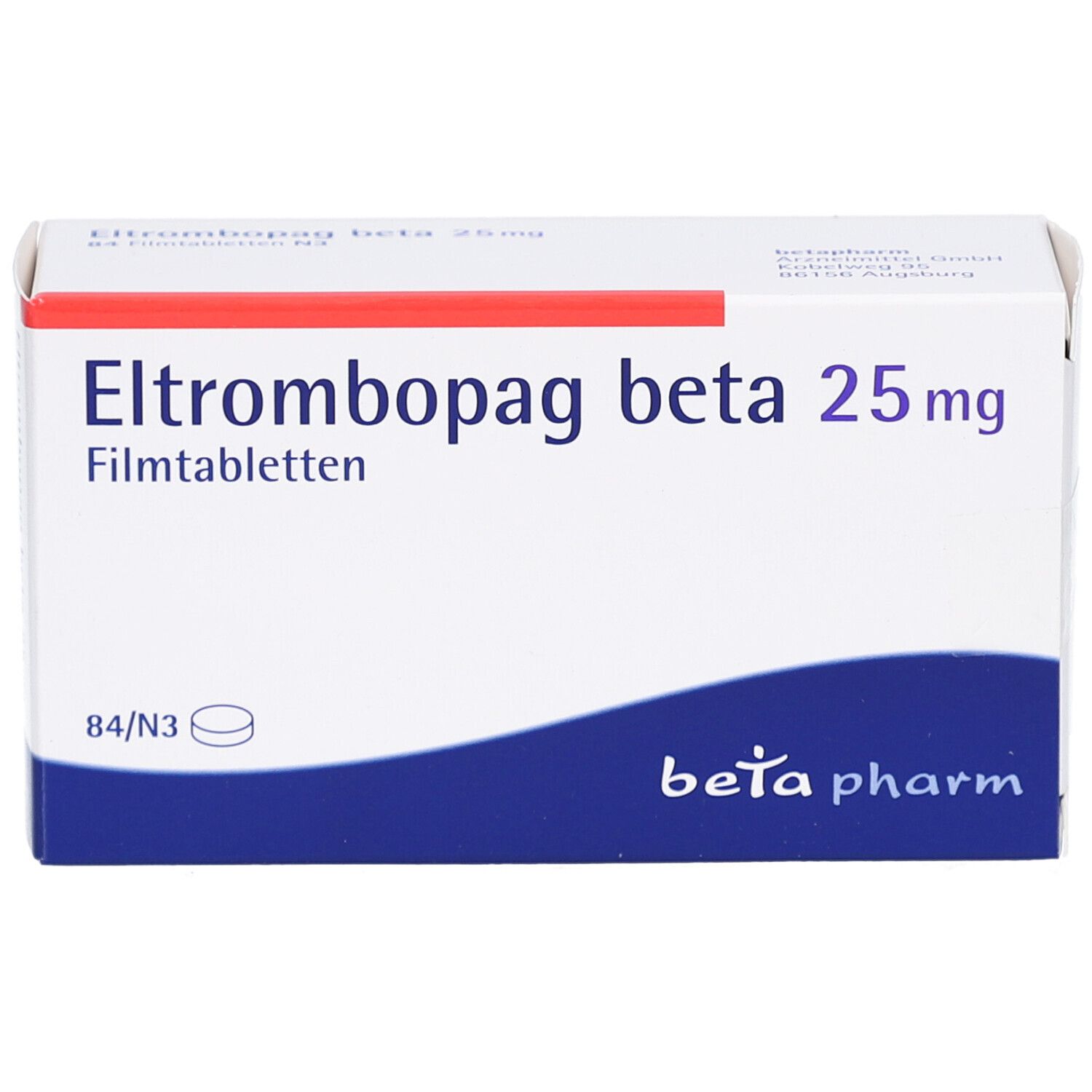 Schachtel "Eltrombopag beta 25 mg Filmtabletten". Blaue und weiße Verpackung. "beta pharm" Logo. Roter Streifen oben.