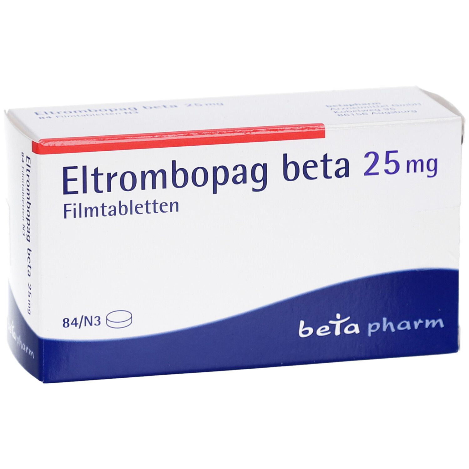 Schachtel "Eltrombopag beta 25 mg Filmtabletten". Blaue und weiße Verpackung. "beta pharm" Logo. Roter Streifen oben.