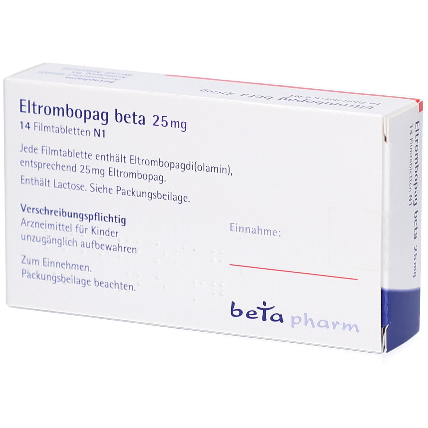 Schachtel mit Text: Eltrombopag beta 25 mg Filmtabletten. Logo beta pharm. Text in Deutsch.