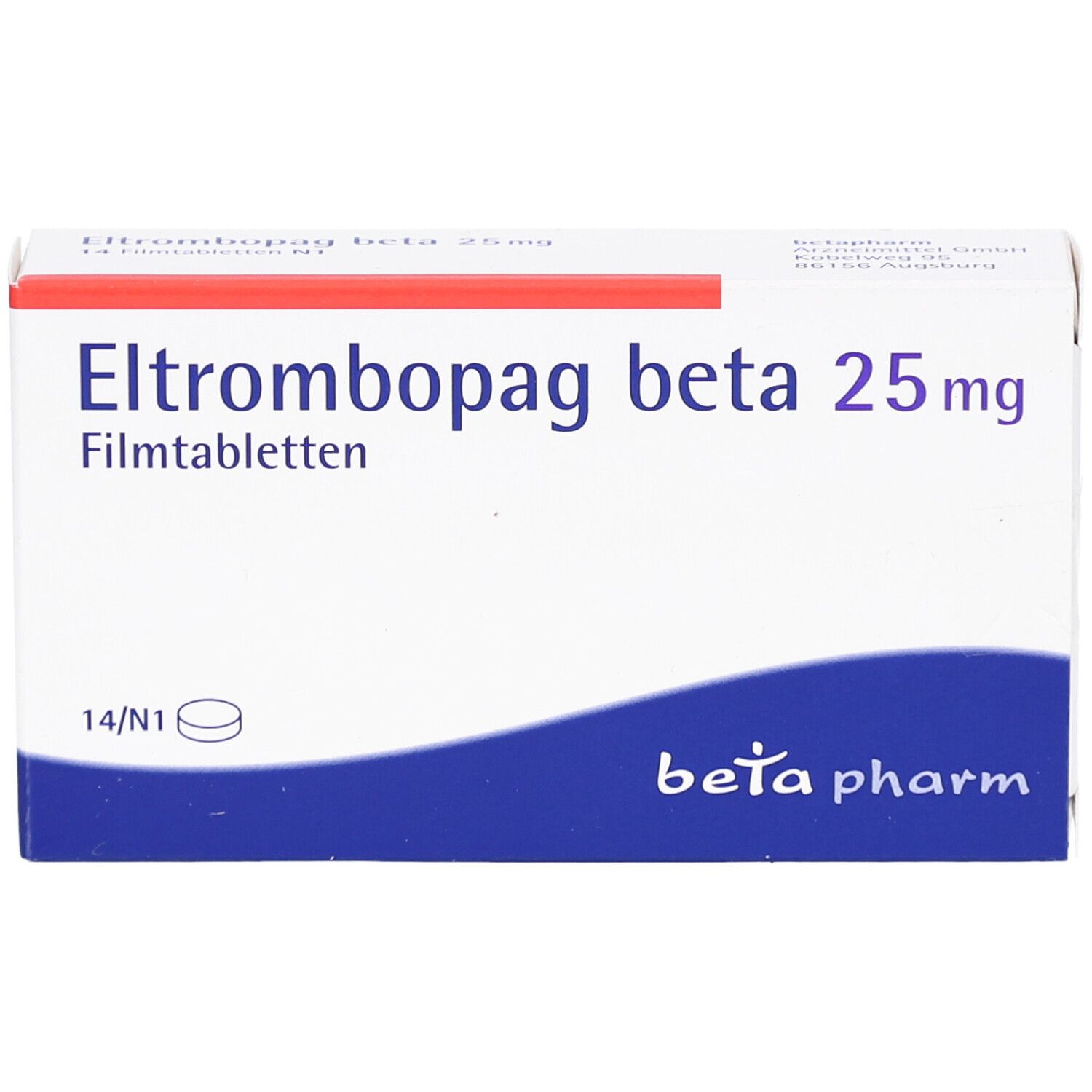Schachtel Eltrombopag beta 25 mg Filmtabletten. Blaue und rote Akzente. Logo beta pharm.
