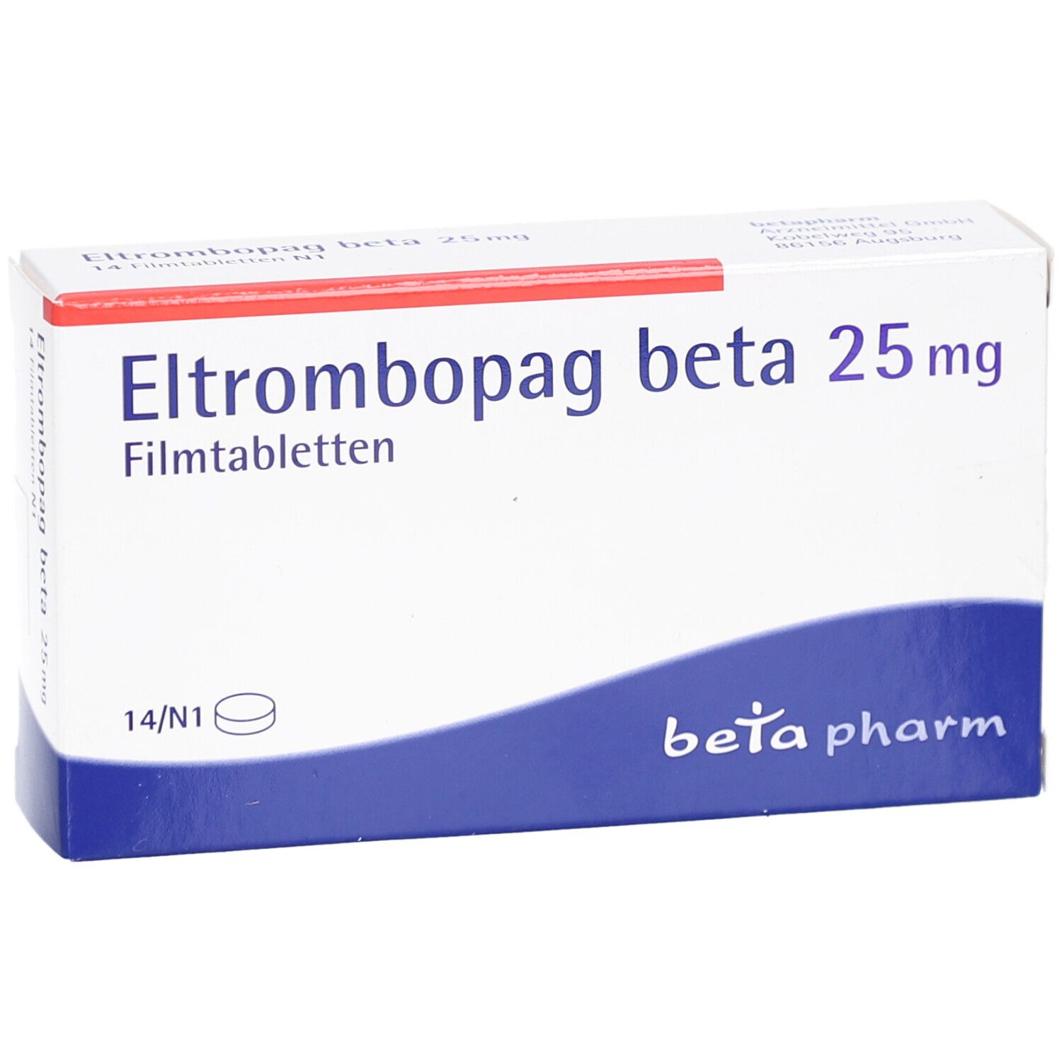 Schachtel Eltrombopag beta 25 mg Filmtabletten. Blaue und rote Akzente. Logo beta pharm.