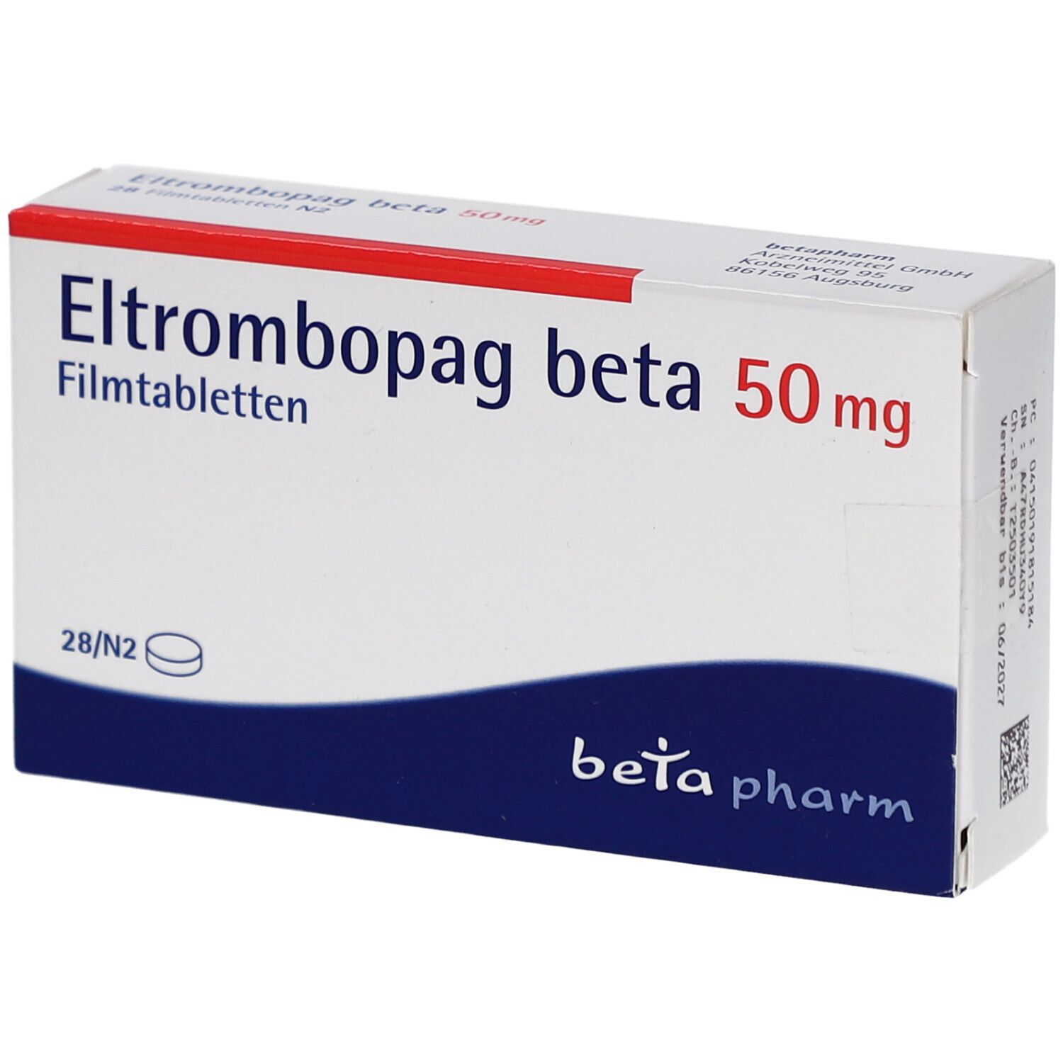 Schachtel mit "Eltrombopag beta 50mg Filmtabletten". Weiß, rot und blau. "beta pharm" Logo.