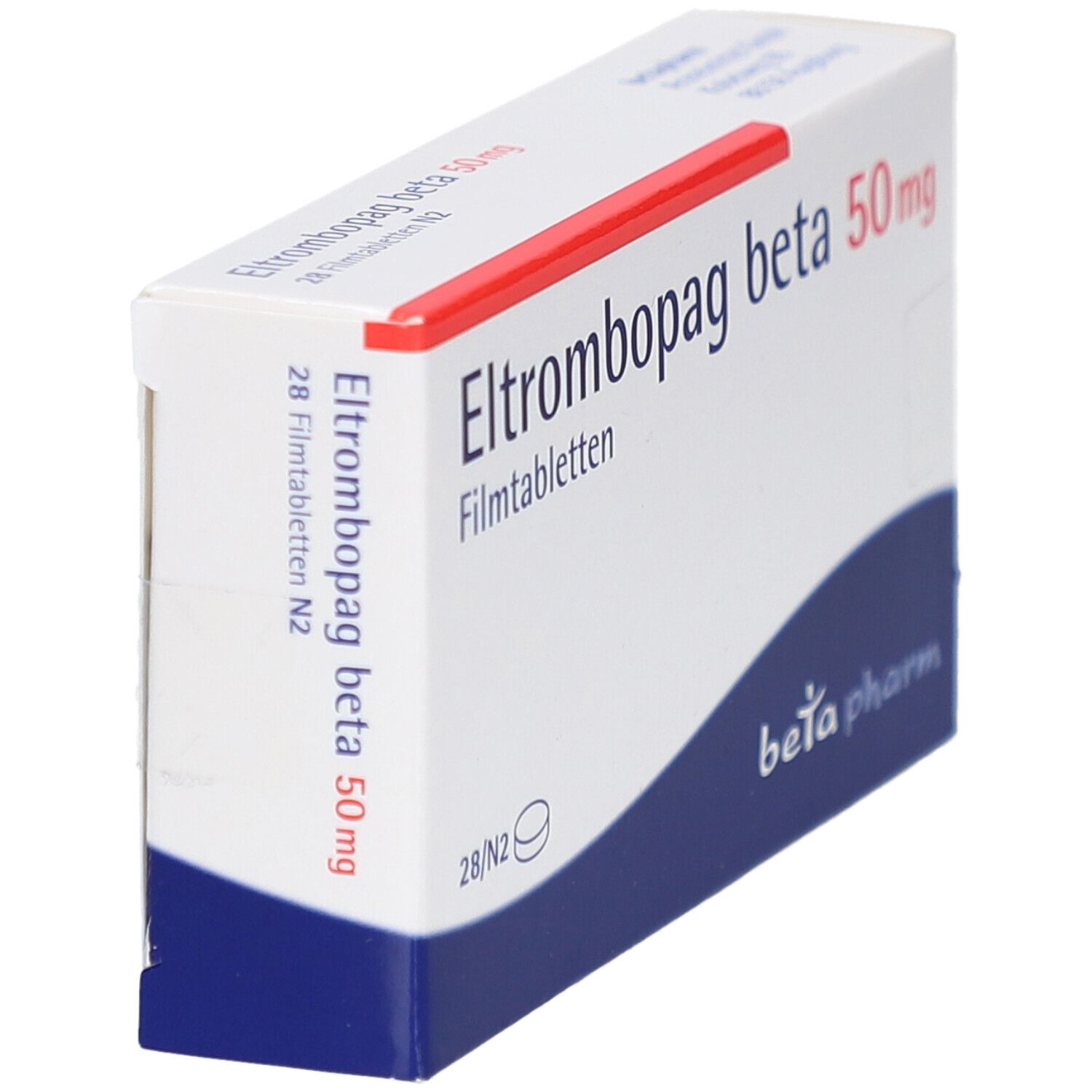 Schachtel "Eltrombopag beta 50mg Filmtabletten". Weiß mit blauem Bogen. "beta pharm" Logo.