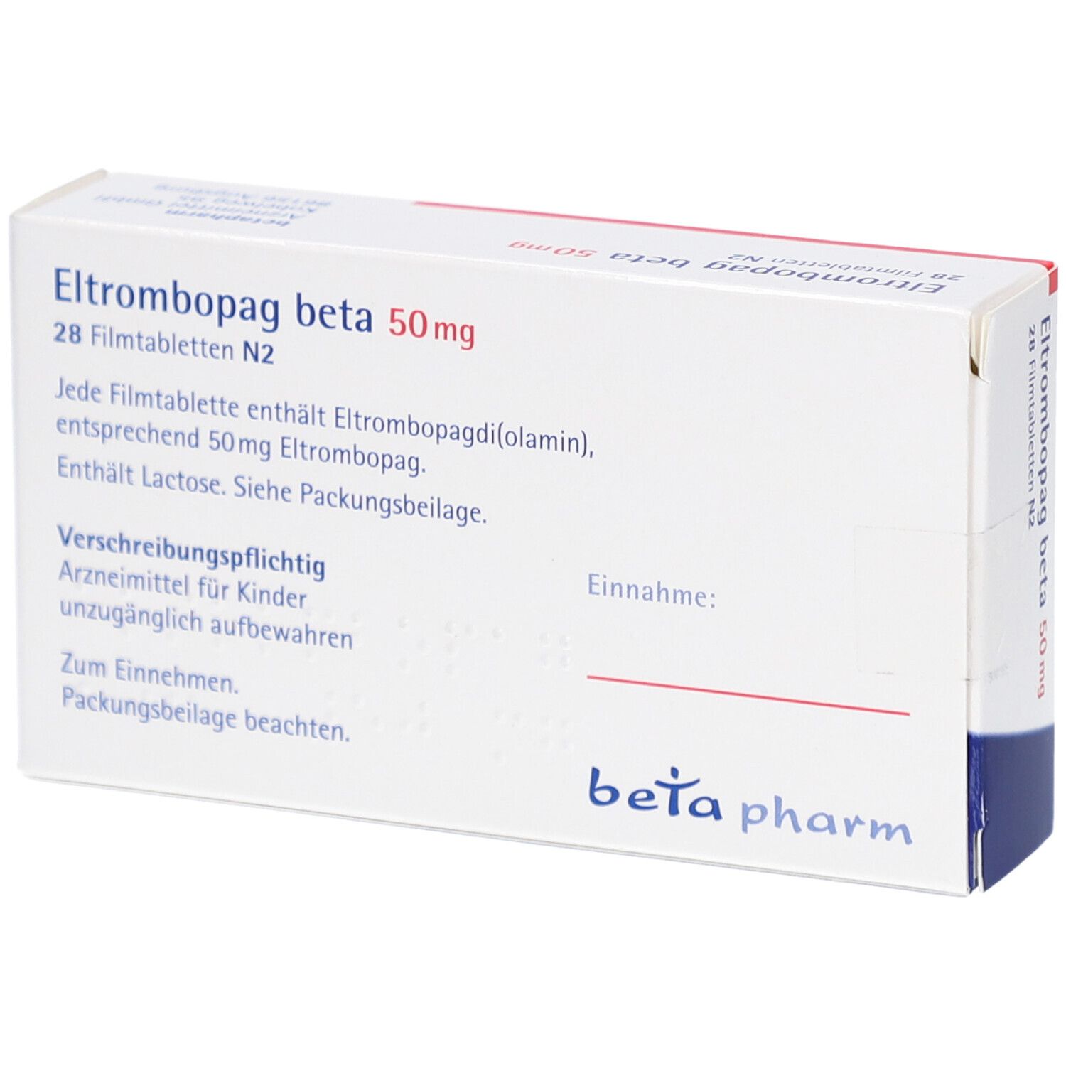 Rückseite der Schachtel "Eltrombopag beta 50mg Filmtabletten". Text in Deutsch. "beta pharm" Logo.