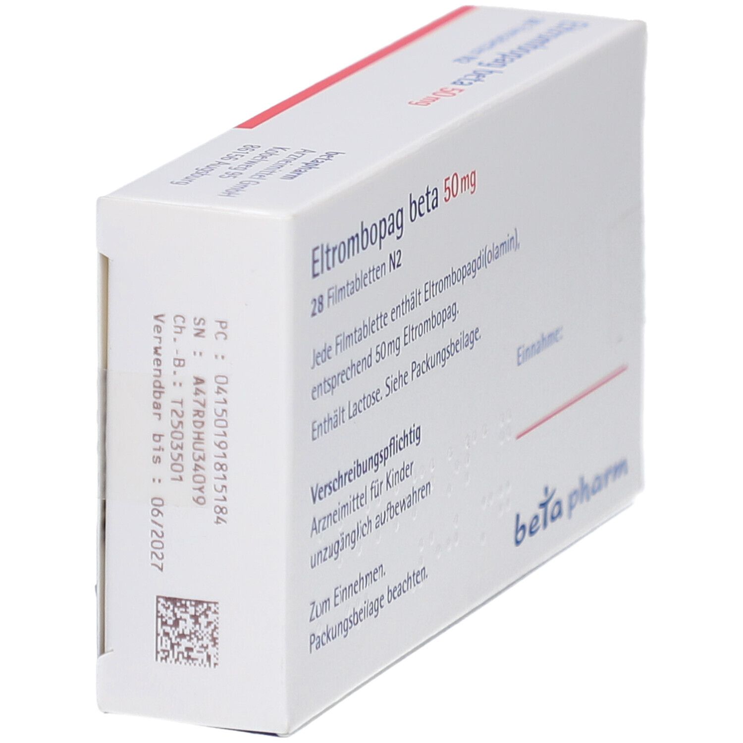 Schachtel "Eltrombopag beta 50mg Filmtabletten". Rückseite mit Text und Barcode. "beta pharm" Logo.