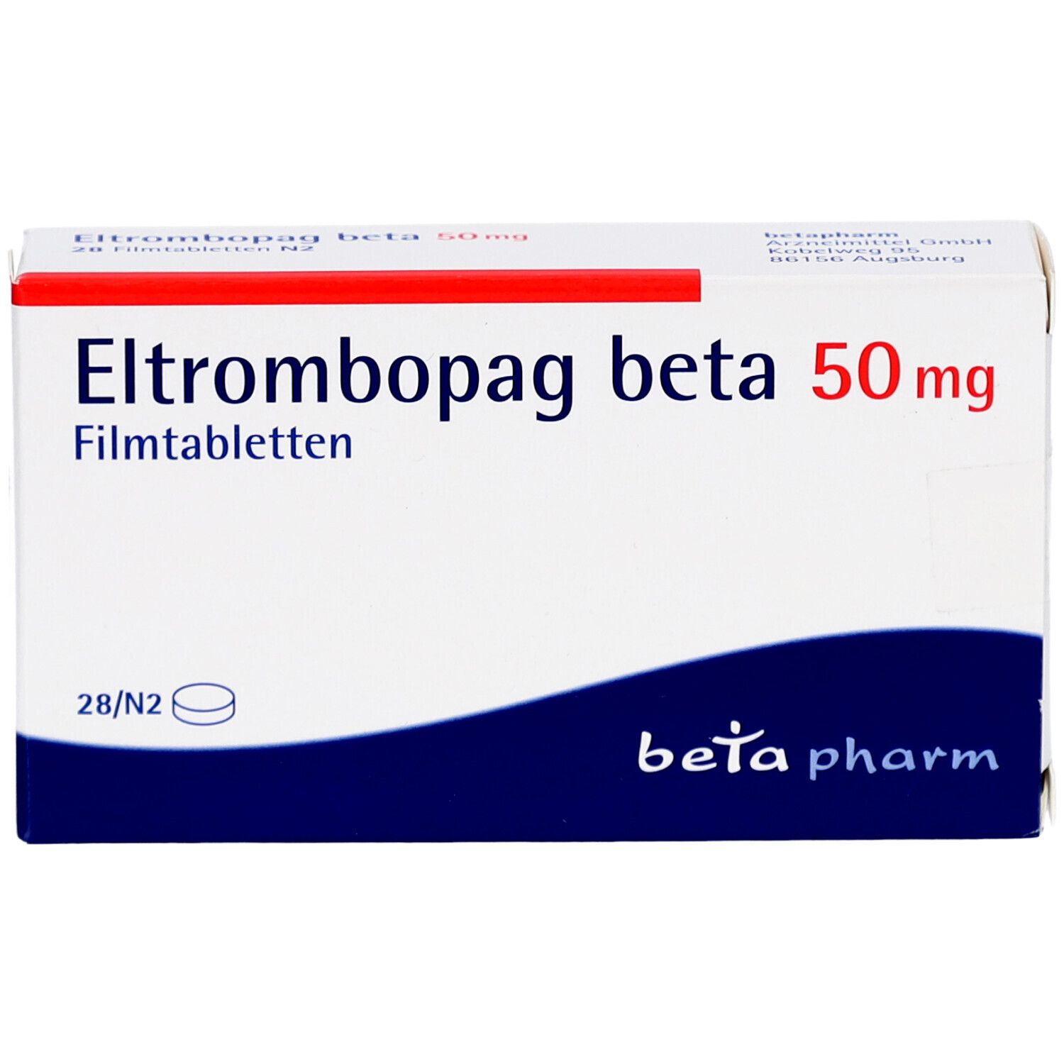 Schachtel "Eltrombopag beta 50mg Filmtabletten". Weiß, blau und rot. "beta pharm" Logo.