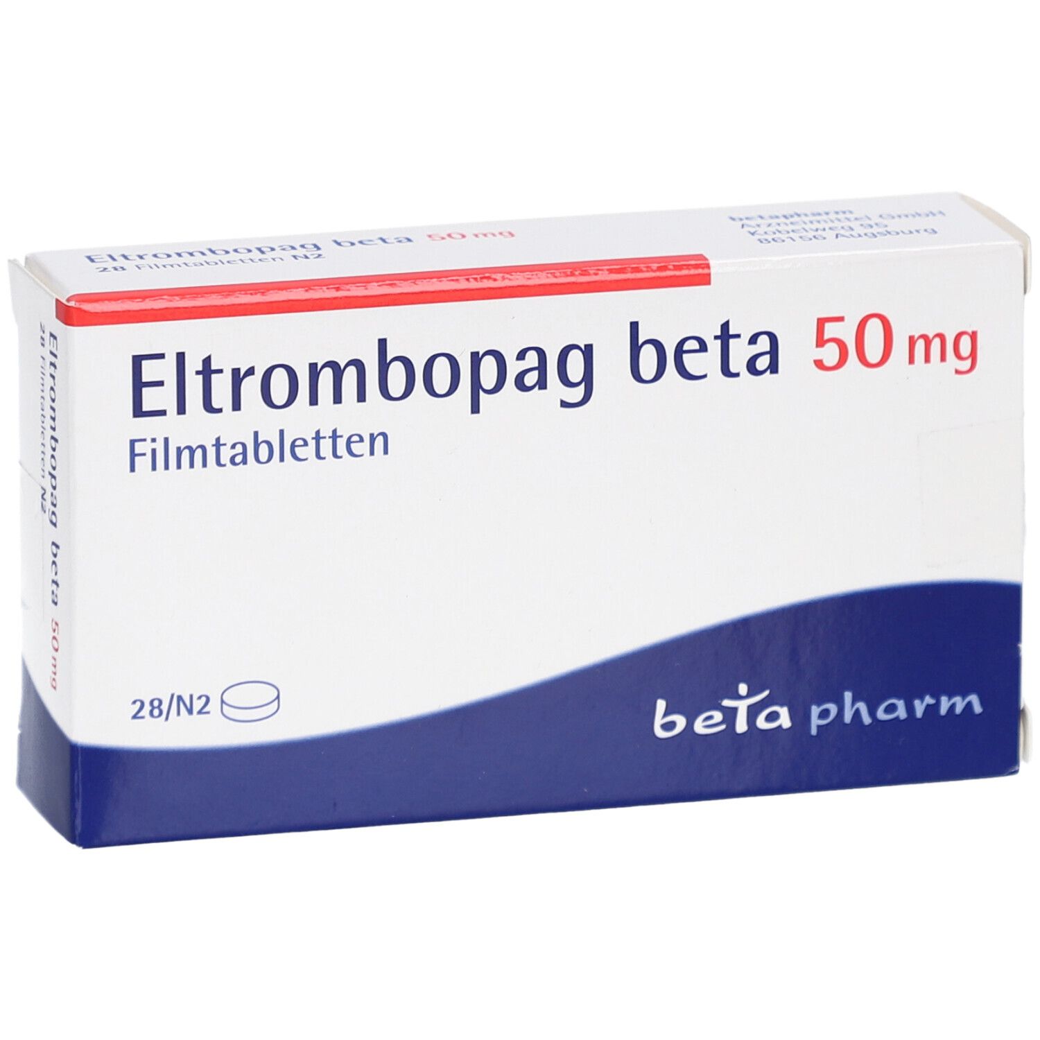 Schachtel "Eltrombopag beta 50mg Filmtabletten". Weiß, blau und rot. "beta pharm" Logo.