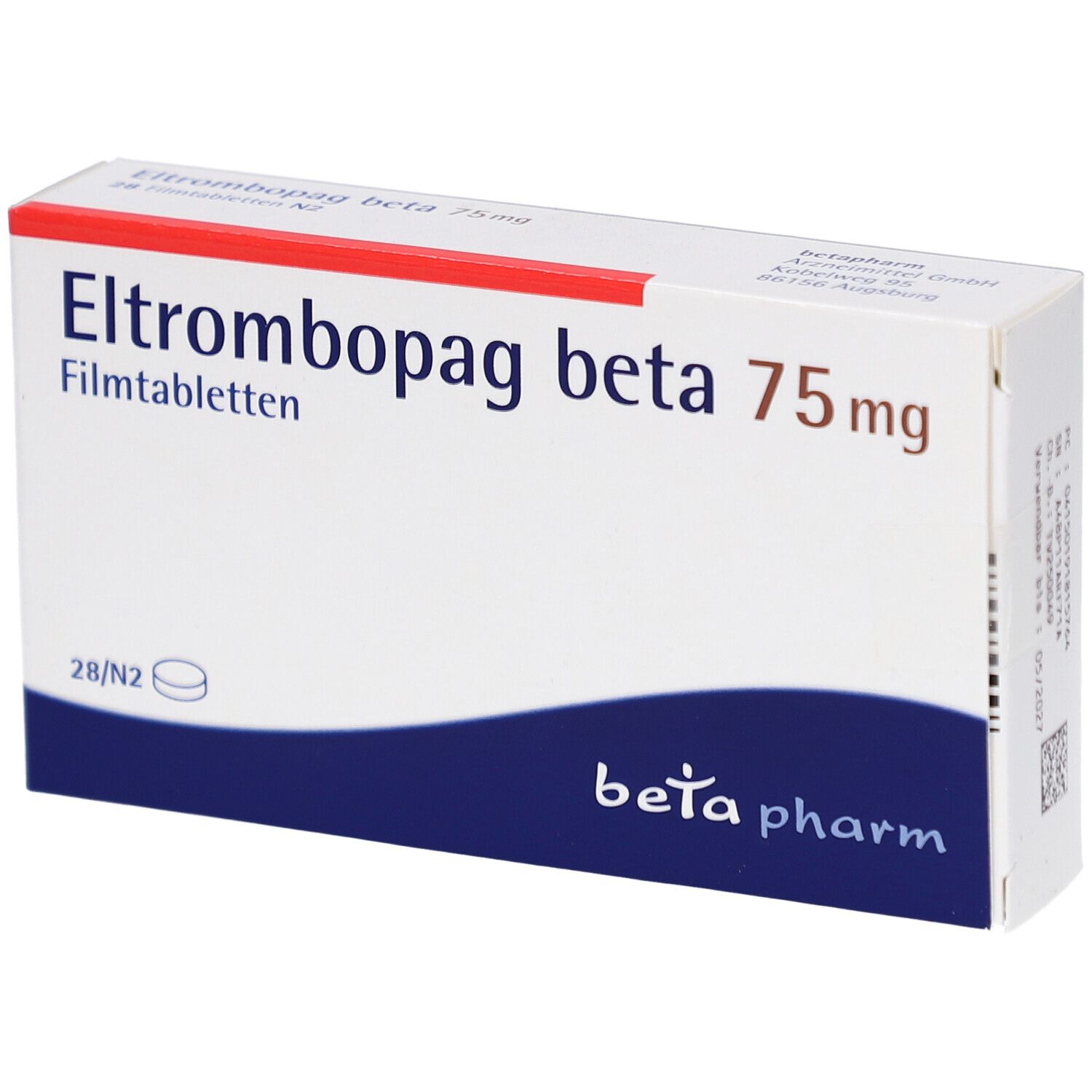 Schachtel mit "Eltrombopag beta 75 mg Filmtabletten". Weiß, blau, rot. "beta pharm" Logo.