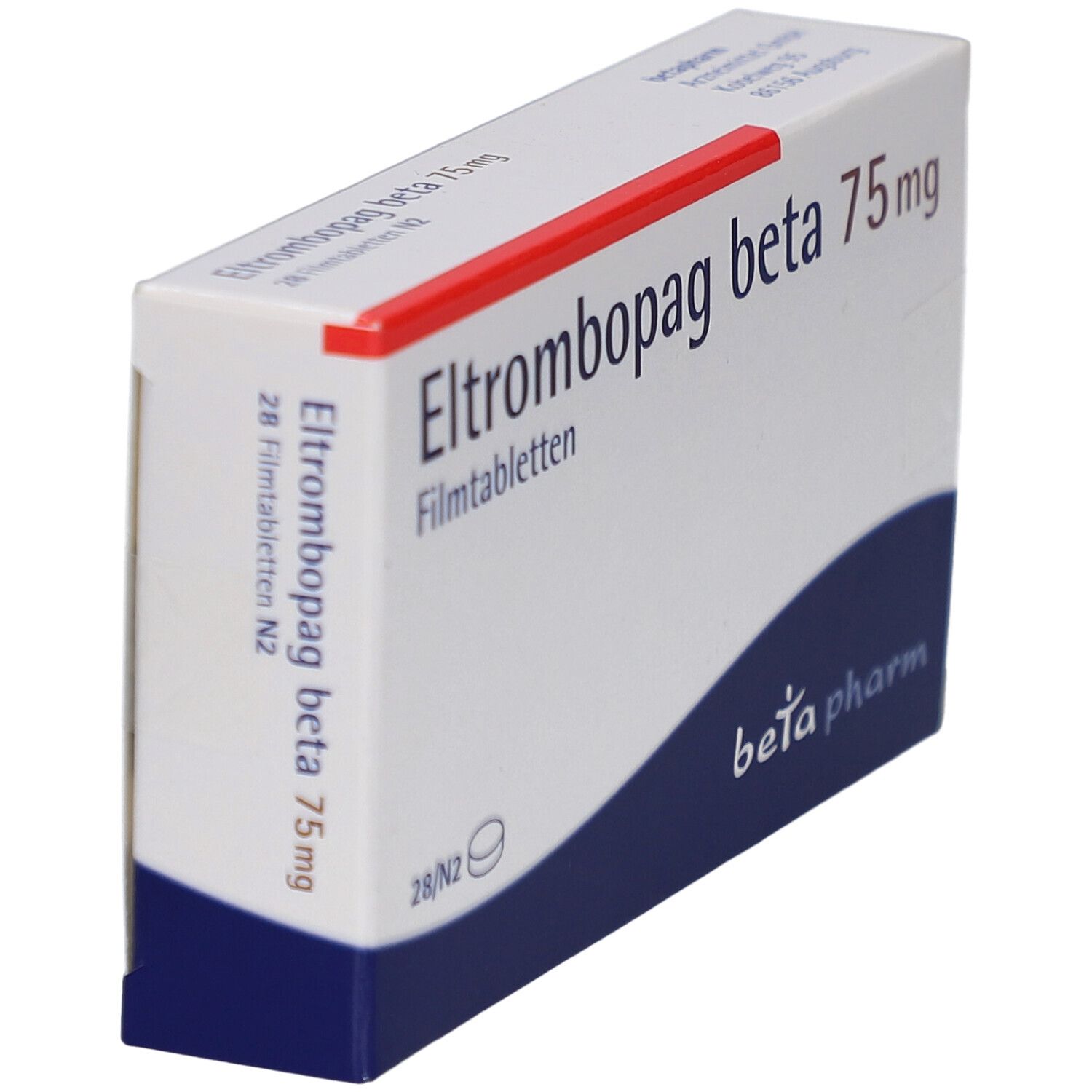 Schachtel "Eltrombopag beta 75 mg Filmtabletten". Weiß, blau, rot. "beta pharm" Logo.