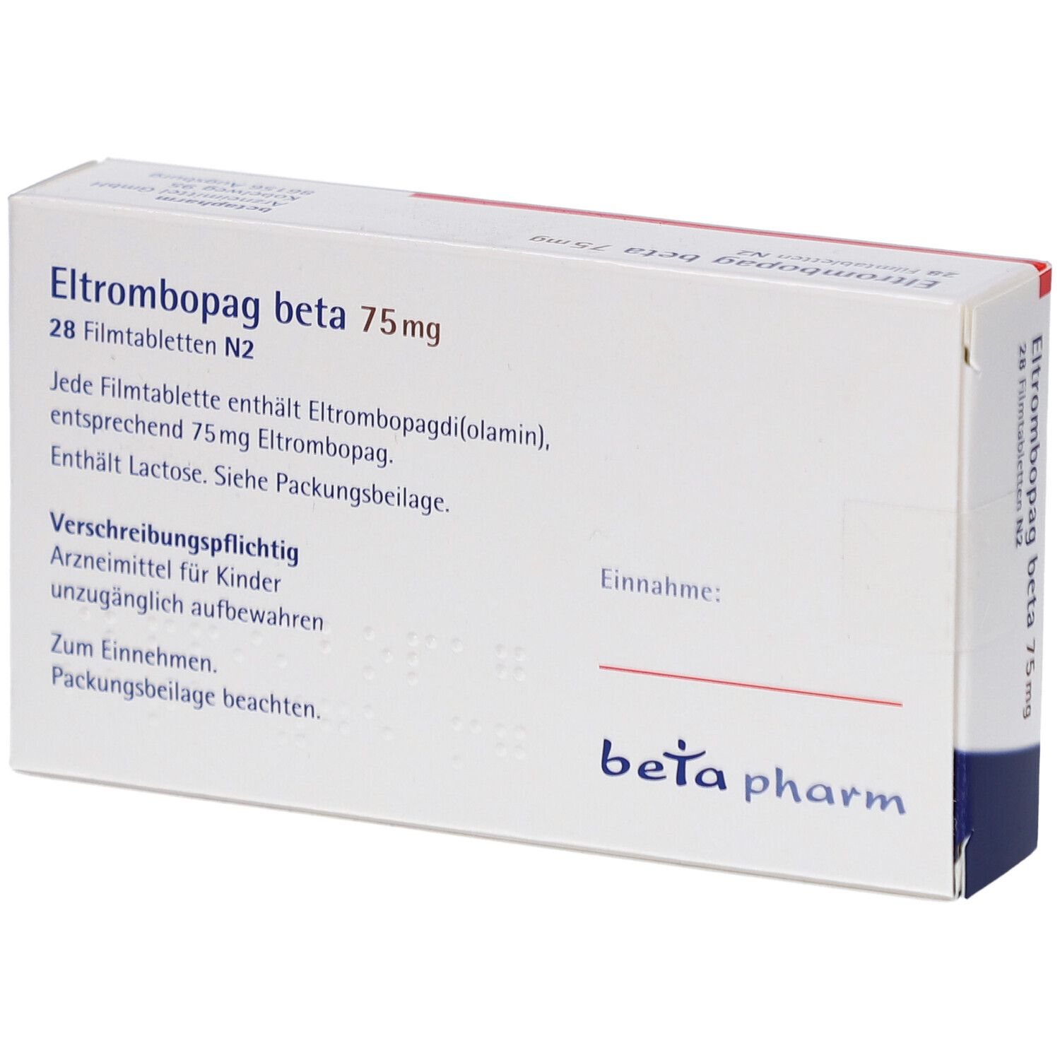 Schachtel "Eltrombopag beta 75 mg Filmtabletten". Text auf weißem Grund. "beta pharm" Logo.
