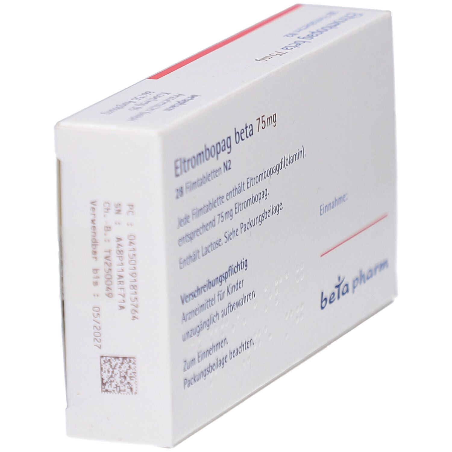 Schachtel "Eltrombopag beta 75 mg Filmtabletten". Text auf weißem Grund. "beta pharm" Logo.