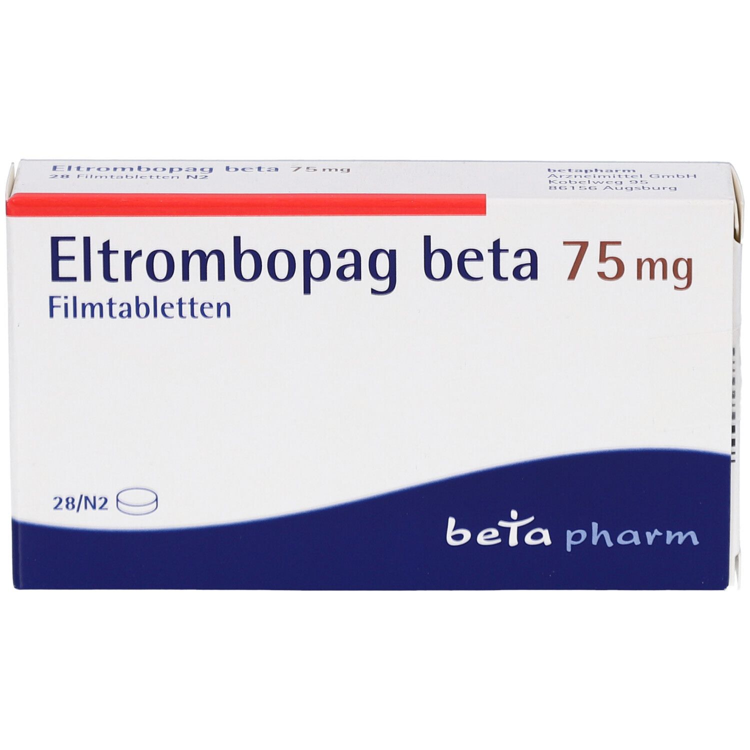 Schachtel "Eltrombopag beta 75 mg Filmtabletten". Weiß, blau, rot. "beta pharm" Logo.