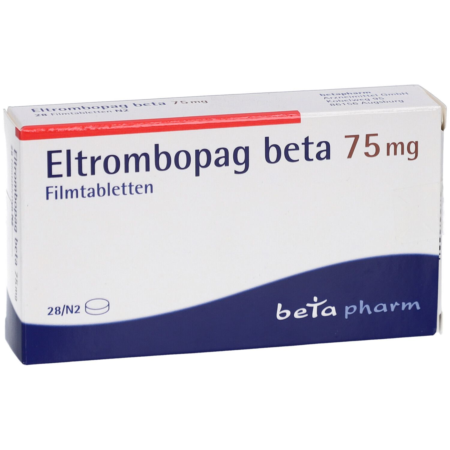 Schachtel "Eltrombopag beta 75 mg Filmtabletten". Weiß, blau, rot. "beta pharm" Logo.