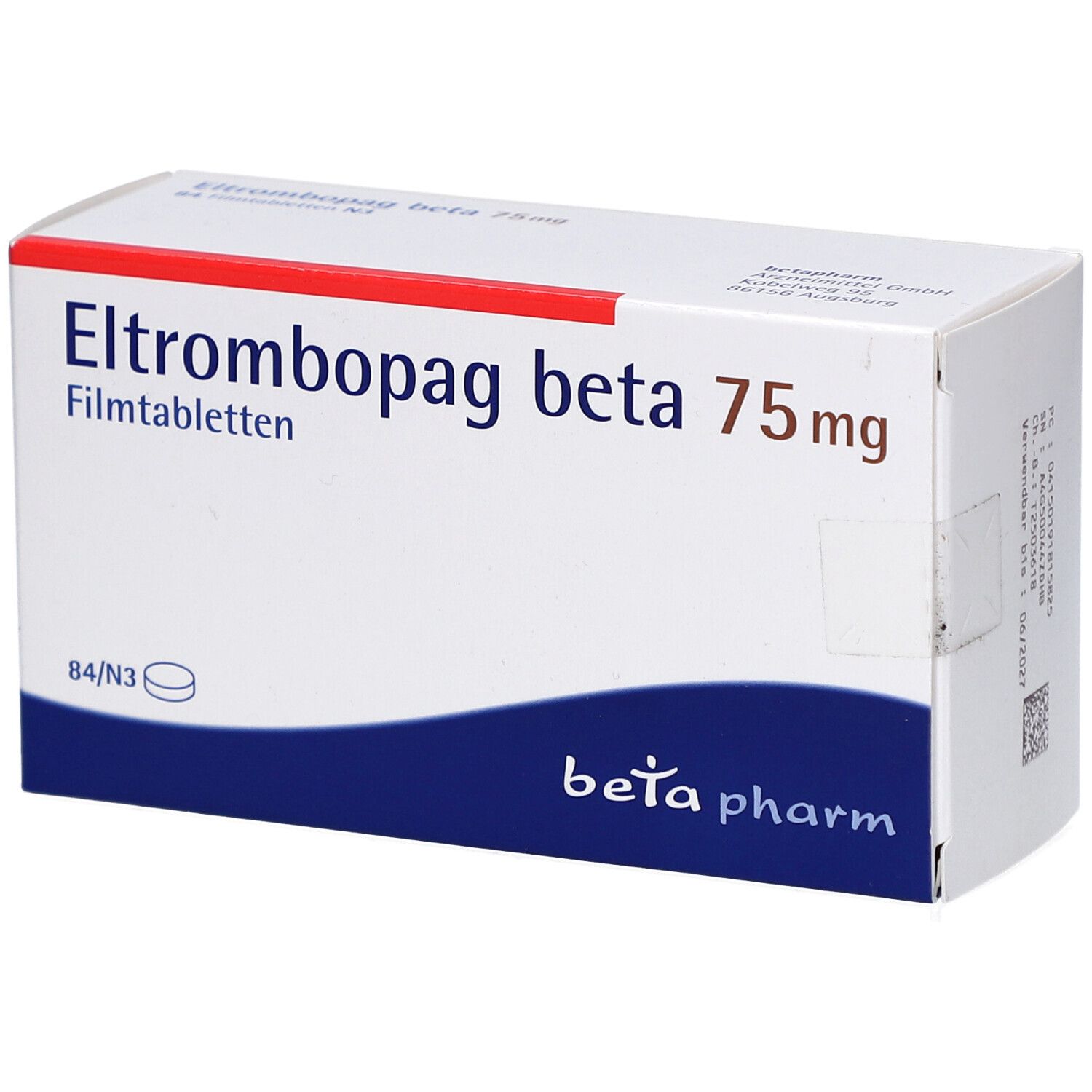 Schachtel mit Aufschrift 'Eltrombopag beta 75 mg Filmtabletten'. Logo 'beta pharm'. Weiße Verpackung mit roter und blauer Akzentfarbe.
