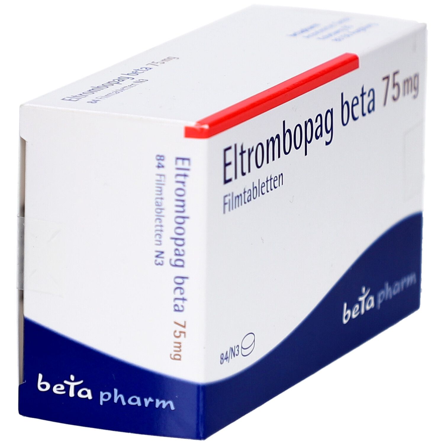 Schachtel 'Eltrombopag beta 75 mg Filmtabletten'. Logo 'beta pharm'. Weiße Verpackung mit rotem Akzent. Perspektivische Ansicht.