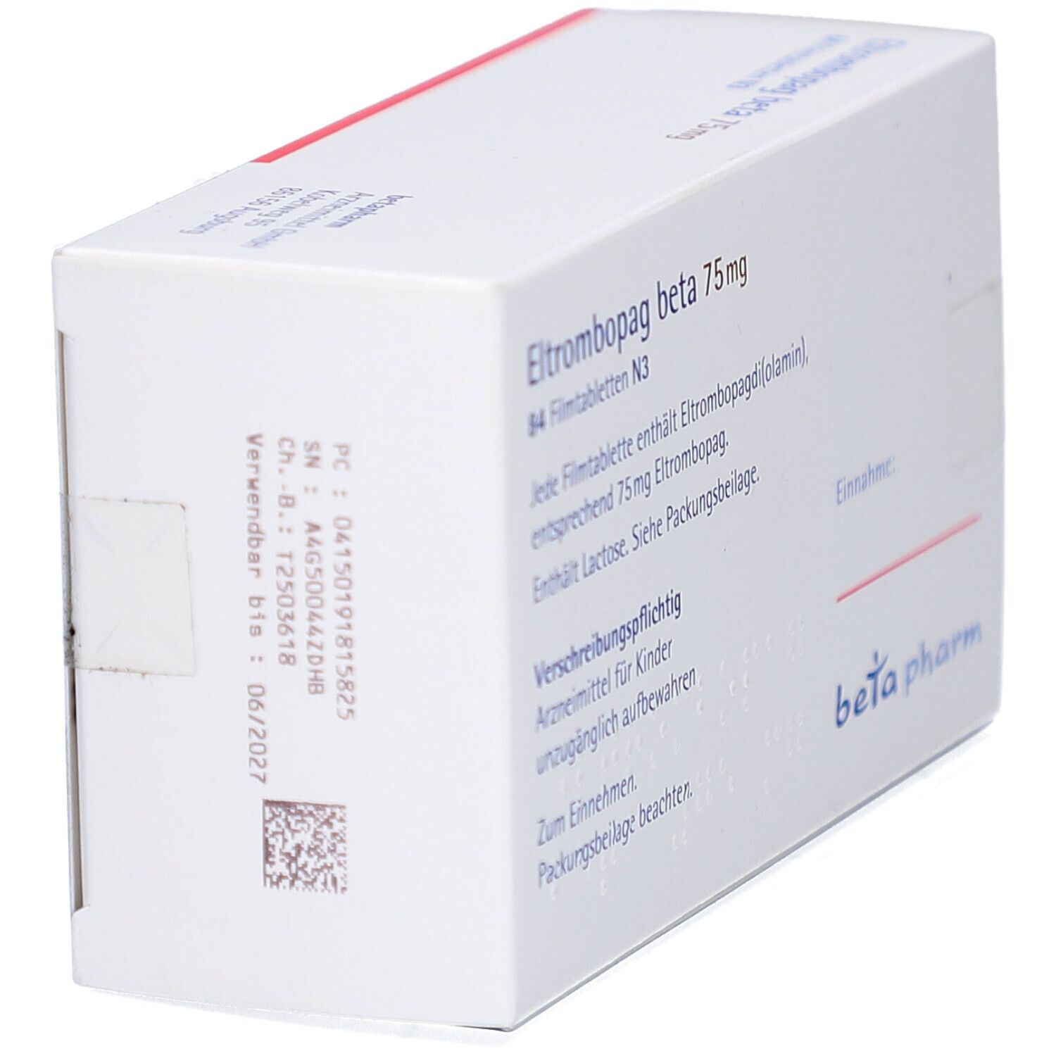 Schachtel 'Eltrombopag beta 75 mg Filmtabletten'. Logo 'beta pharm'. Weiße Verpackung mit rotem Akzent. Perspektivische Ansicht.