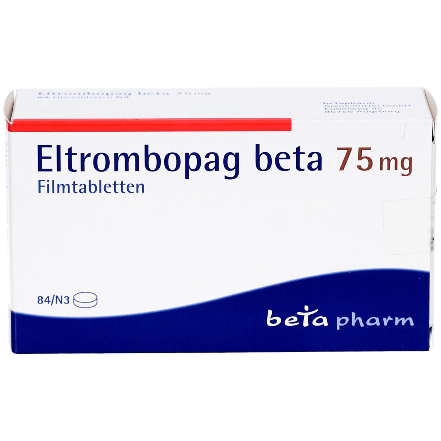 Schachtel 'Eltrombopag beta 75 mg Filmtabletten'. Logo 'beta pharm'. Weiße Verpackung mit blauem Streifen.