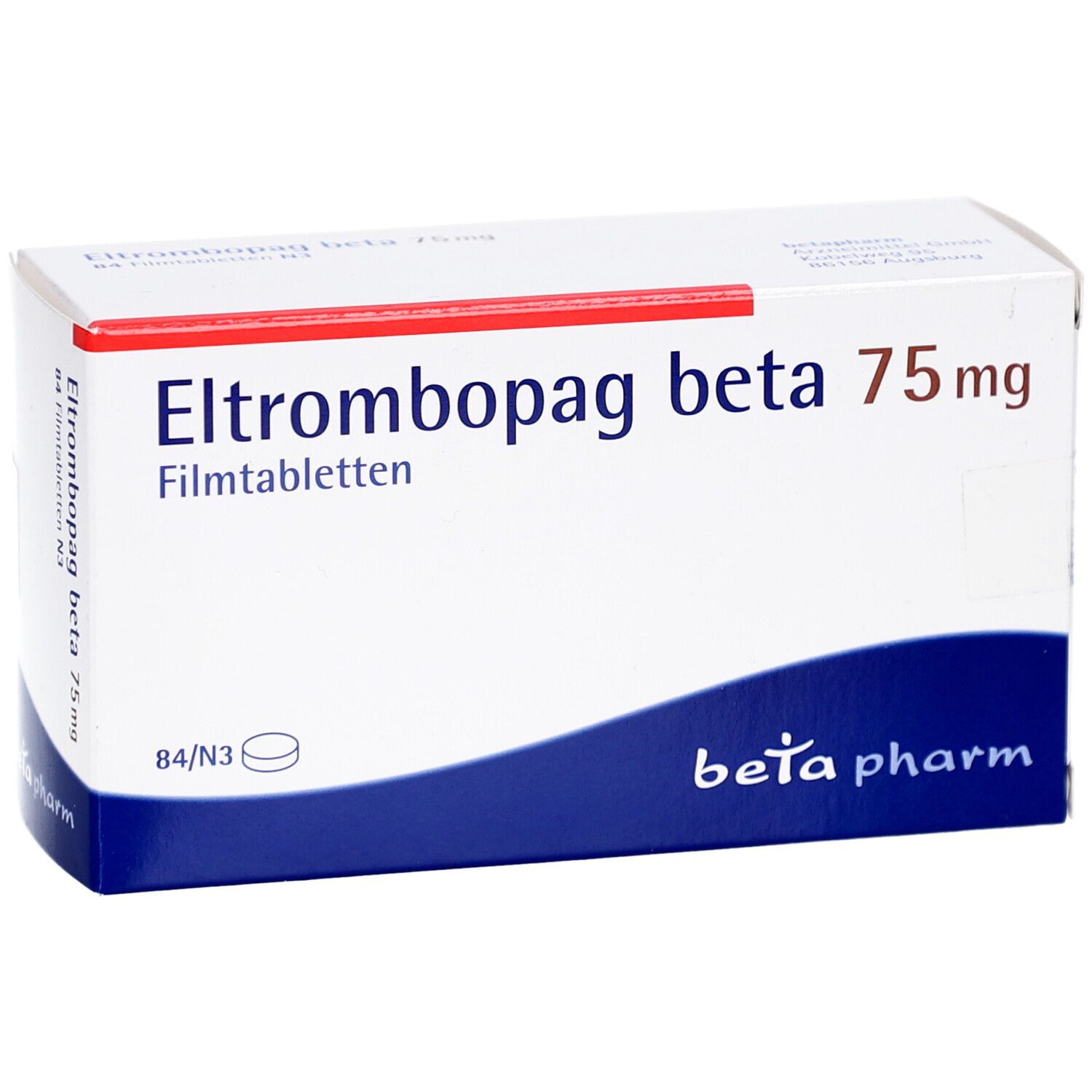 Schachtel 'Eltrombopag beta 75 mg Filmtabletten'. Logo 'beta pharm'. Weiße Verpackung mit blauem Streifen.