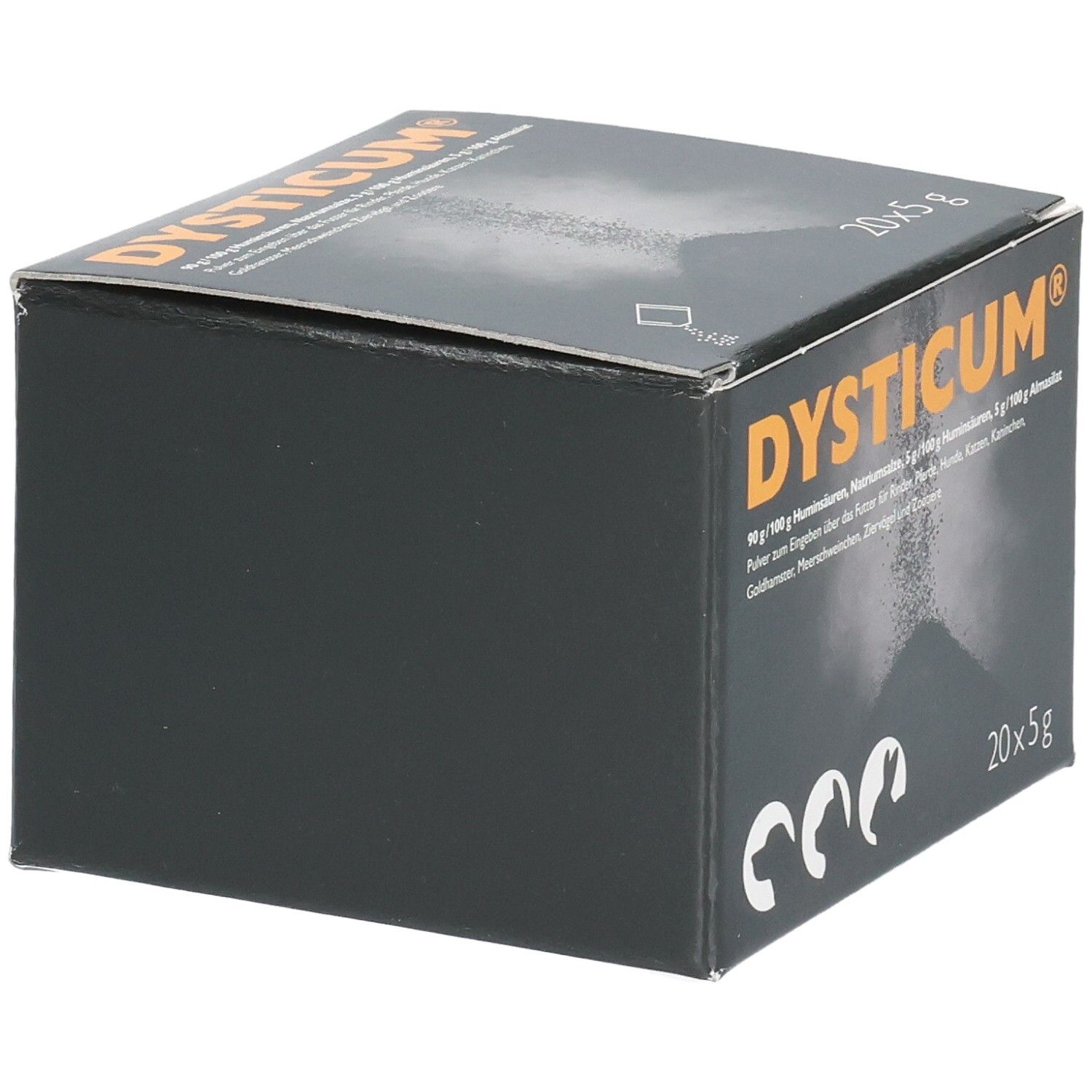 Schwarze Schachtel mit DYSTICUM-Logo und Text. Enthält 20 Beutel à 5g. Schwarze Verpackung.